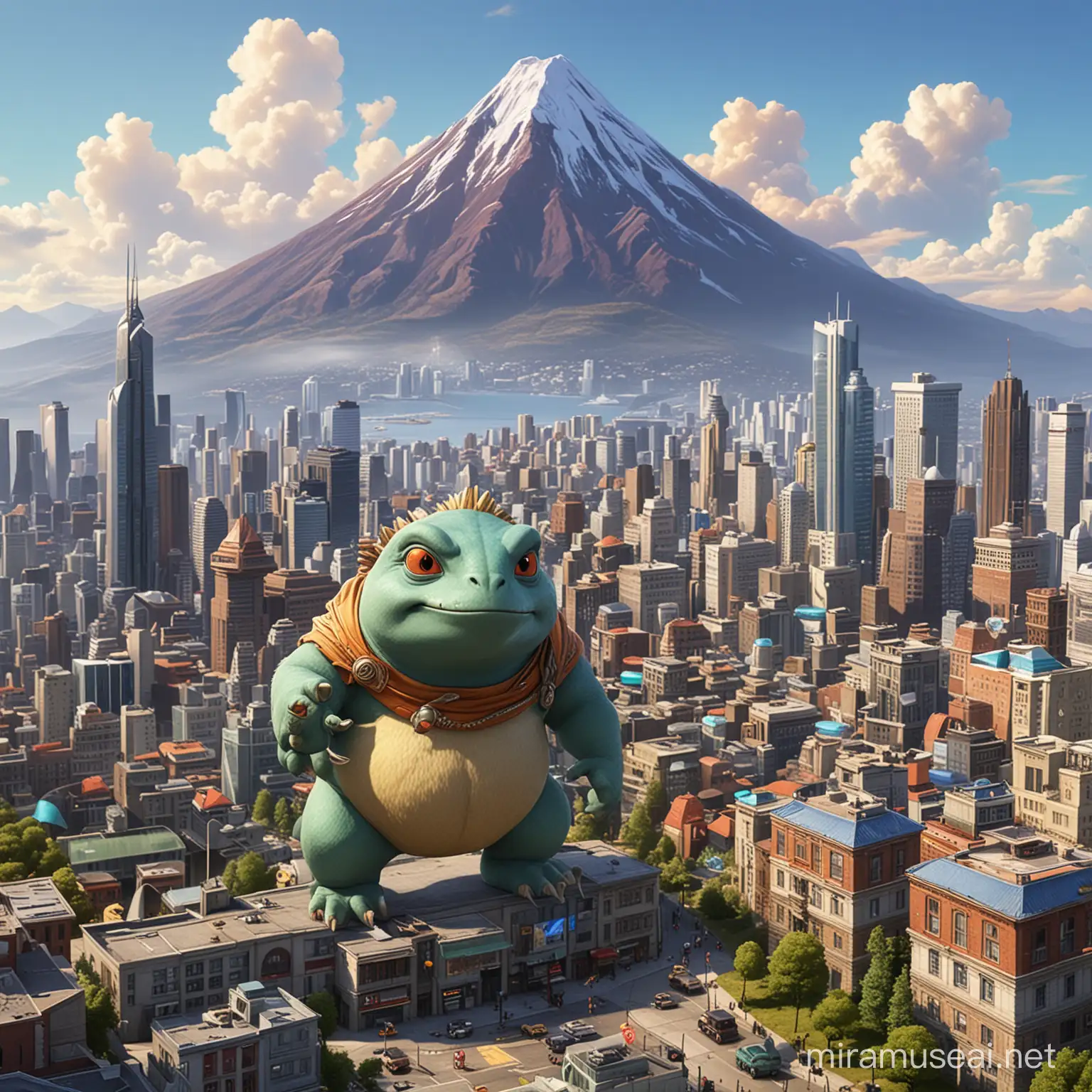 Kuzenbo KING KAPPA,The image is a group of fictional animal characters from a cartoon or animation. It may be related to a PC game, adventure game, or video game software.The image depicts a city with a mountain in the background. The cityscape includes buildings and skyscrapers, with a stratovolcano towering in the distance. The skyline showcases the mix of urban and natural elements in the landscape.Jewelry,  Necklace, Rings and earrings