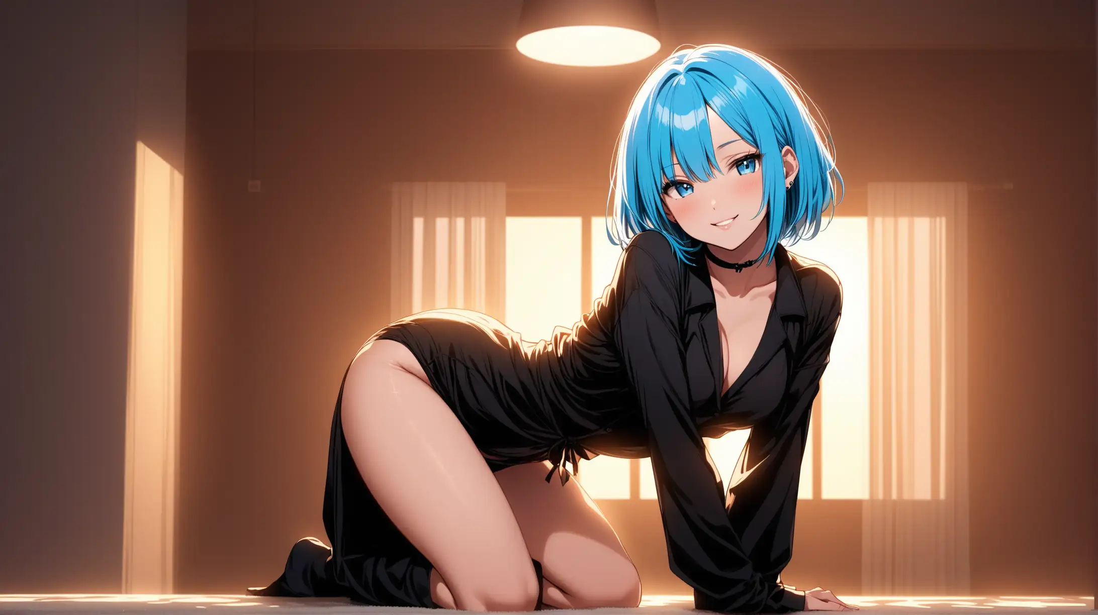 Draw the character Rem, high quality, indoors, ambient lighting, long shot, in a seductive pose, wearing trendy fashion clothing, smiling at the viewer