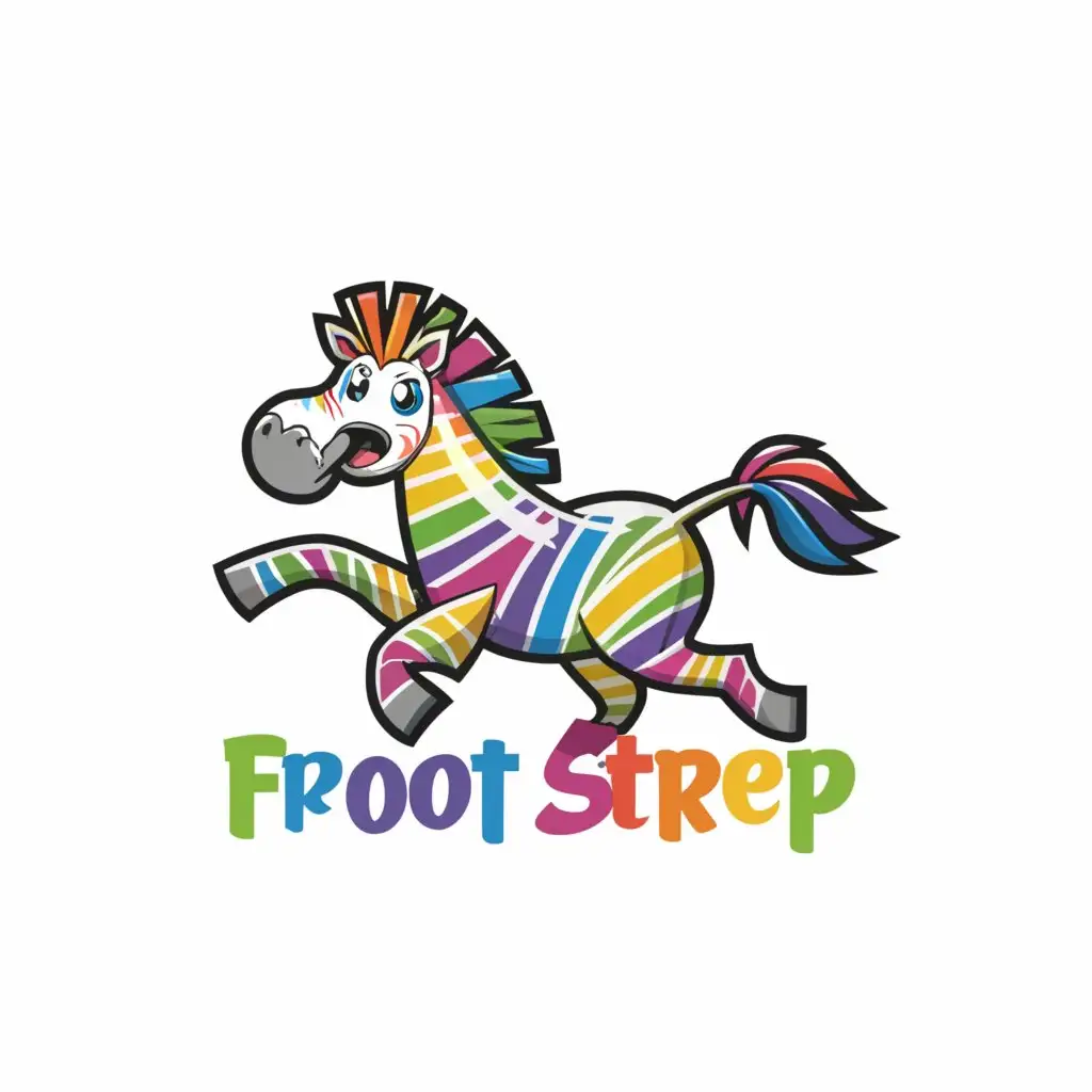 a logo design,with the text "froot strep", main symbol:cartoon 
zebra with rainbow stripes with a smile and rainbow lettering 
,Moderate,clear background