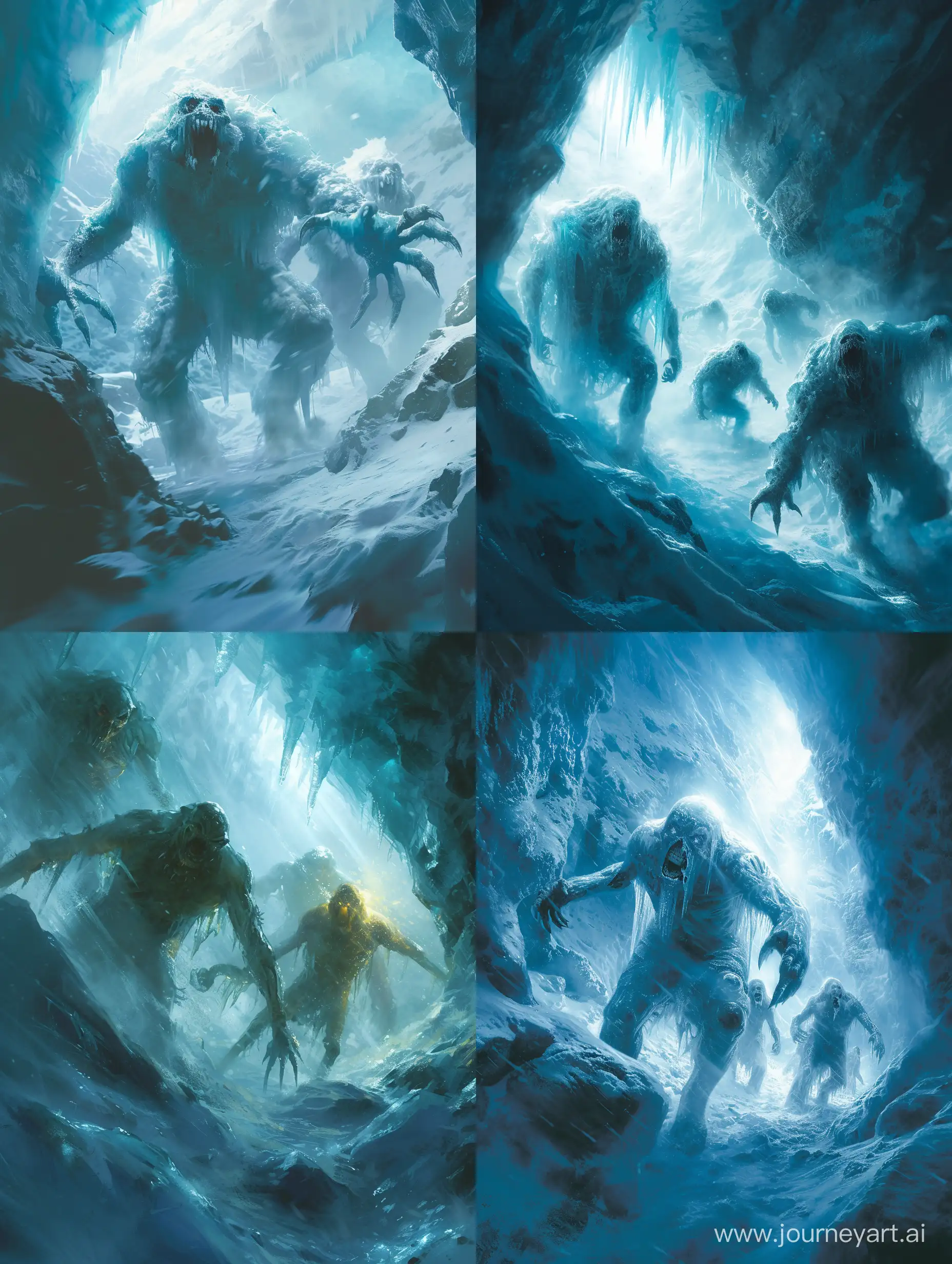 Ice creatures,humanoid,angry, attacking,in an ice cave,incredible detail,cold light.