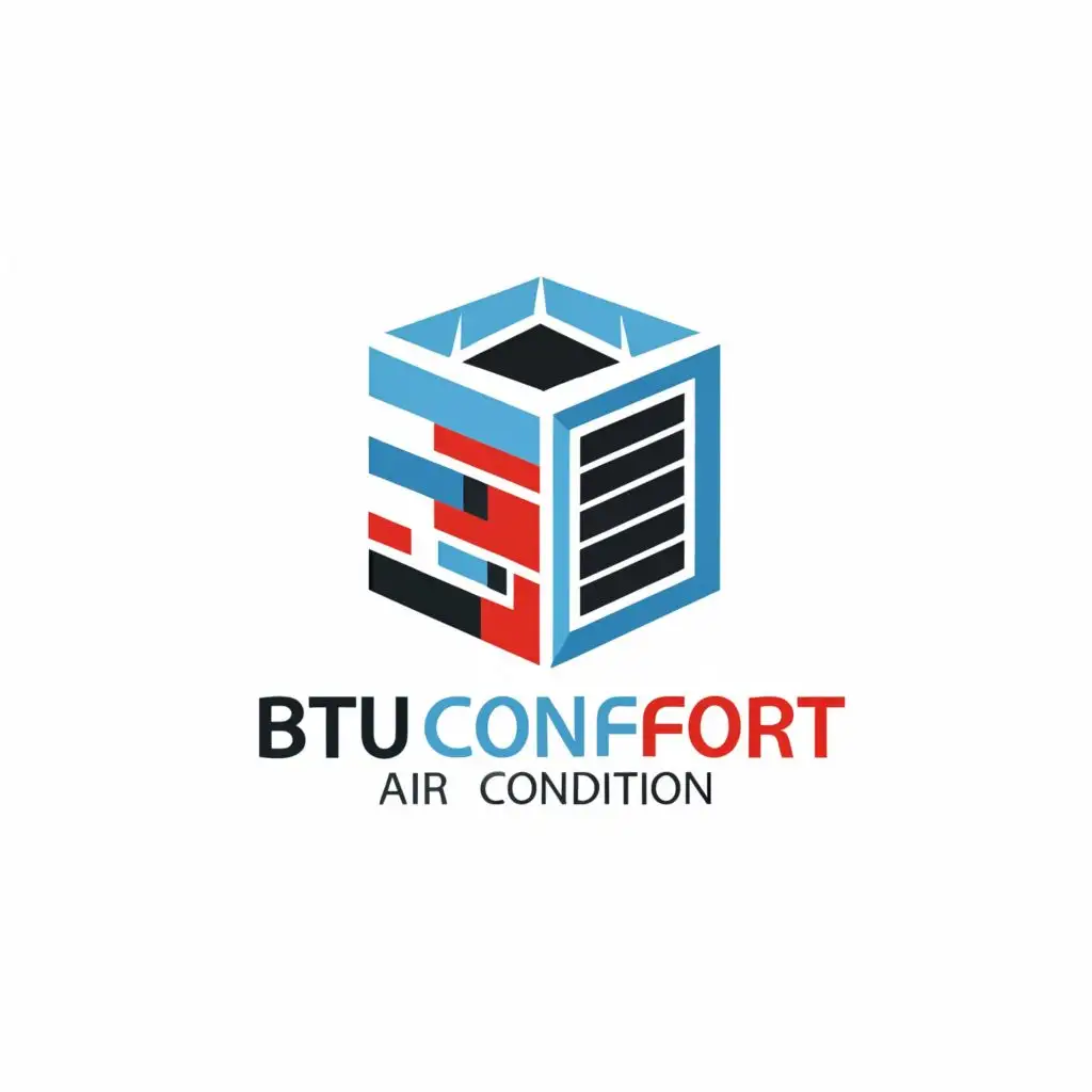 a logo design,with the text "BTU CONFORT AIR CONDITION", main symbol:As the owner of a new air conditioning company, BTU Confort to create a minimalist logo.- Color Scheme: Incorporate shades of blue and red into the design.,Minimalistic,clear background