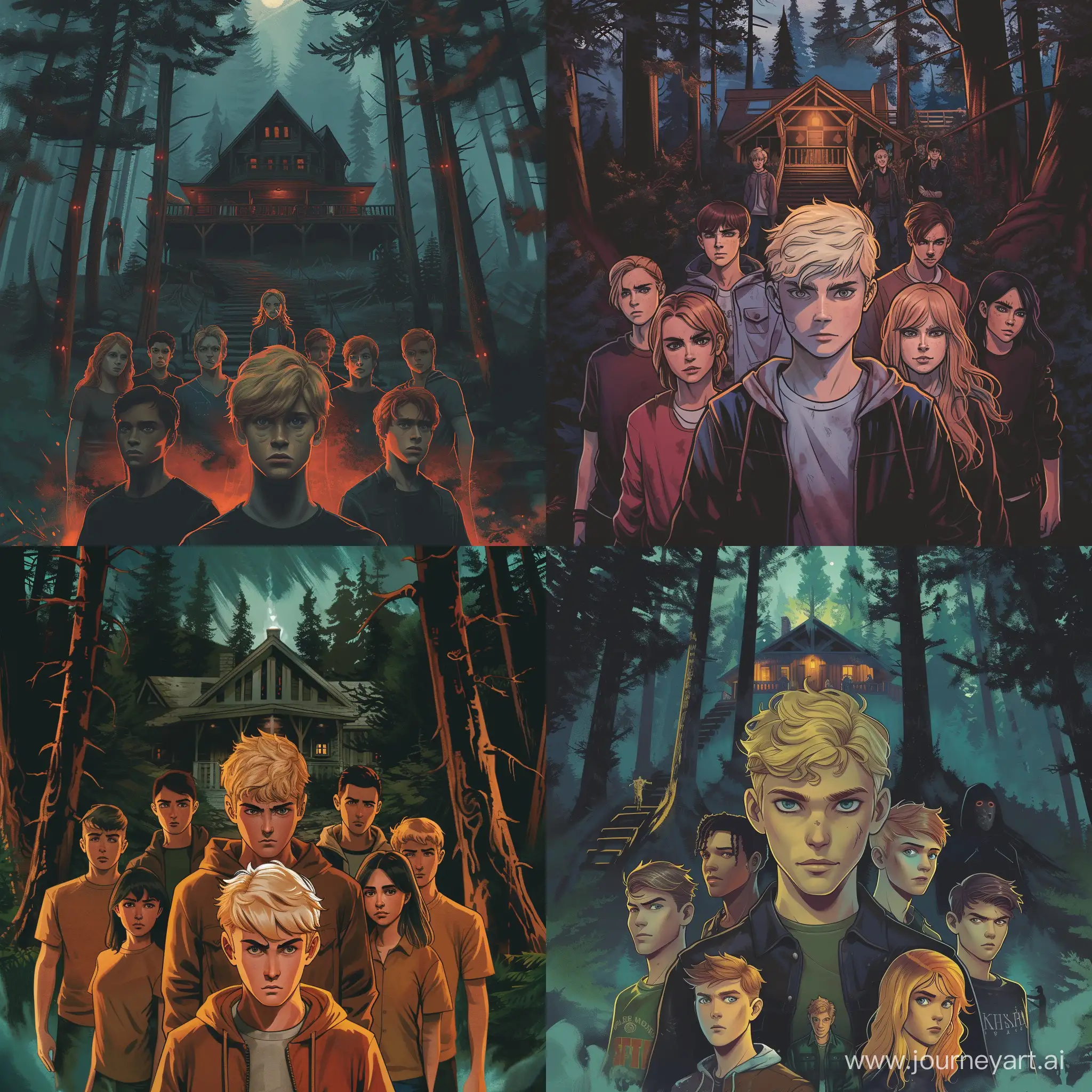 a cover for a book, horror, aesthetic, 11 friends, teenagers, six boys, five girls, forest, a lodge at the background, night, one boy in the middle with blonde hair