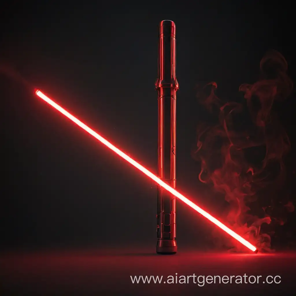 Джедайский меч красный из звездным войн. Находится в правом нижнем углу  направлен к центру изображения. В дыму подсвеченный красным неоновым светом. На черном фоне
