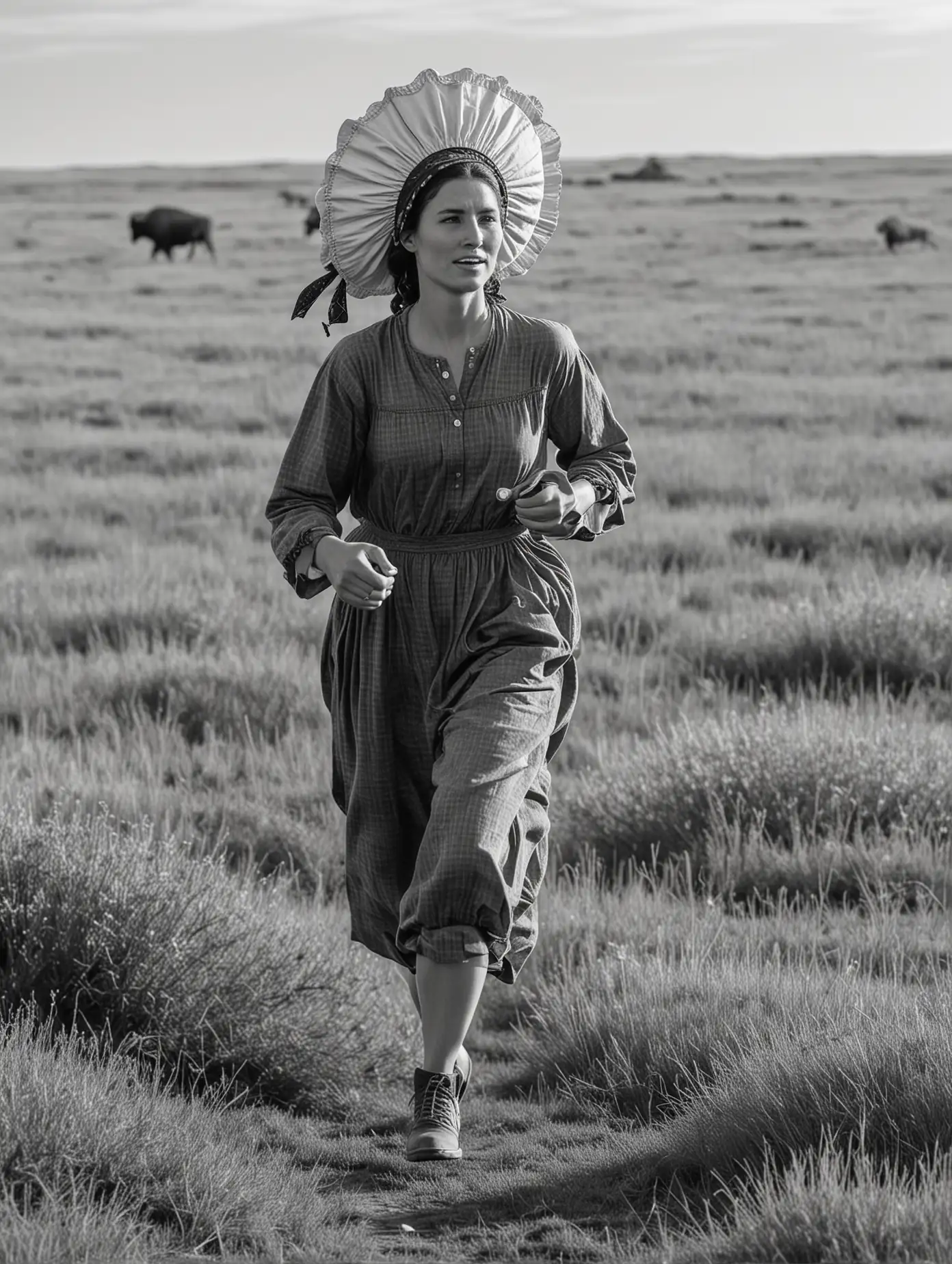 A woman runs through the prairie. She is a pioneer and wears a bonnet. There are buffalo in the background. She is seen from the side.  In black and white. 