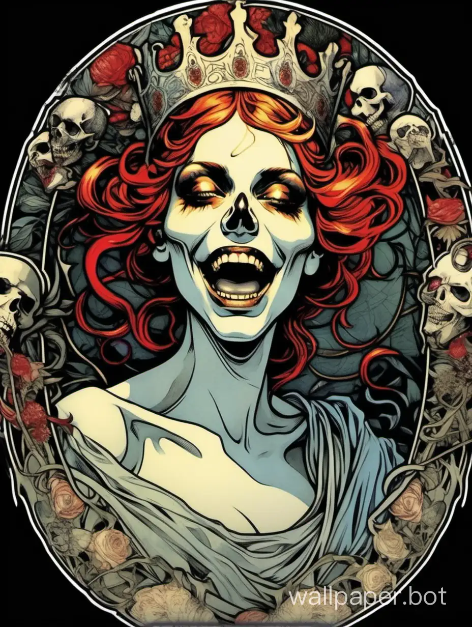 skull young queen,  Beautiful face, evil laugh, open mouth with tongue, details, darkness assimetrical, william morris  alphonse mucha hiperdetailed, torn poster edge, chaos chromatic dripping colors, black, white, red, gray, sticker art