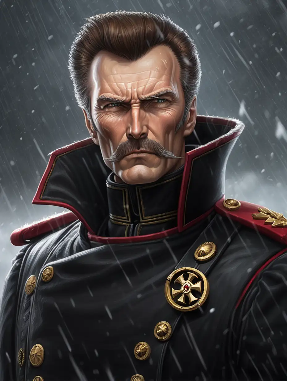 Setting is Warhammer 40K. Commissar. He looks like Clint Eastwood when he was young. He has short brown colored hair. He has a thick mustache. He has a dark black uniform coat with a high collar. Background scene is a Warhammer 40K torrential snowstorm.