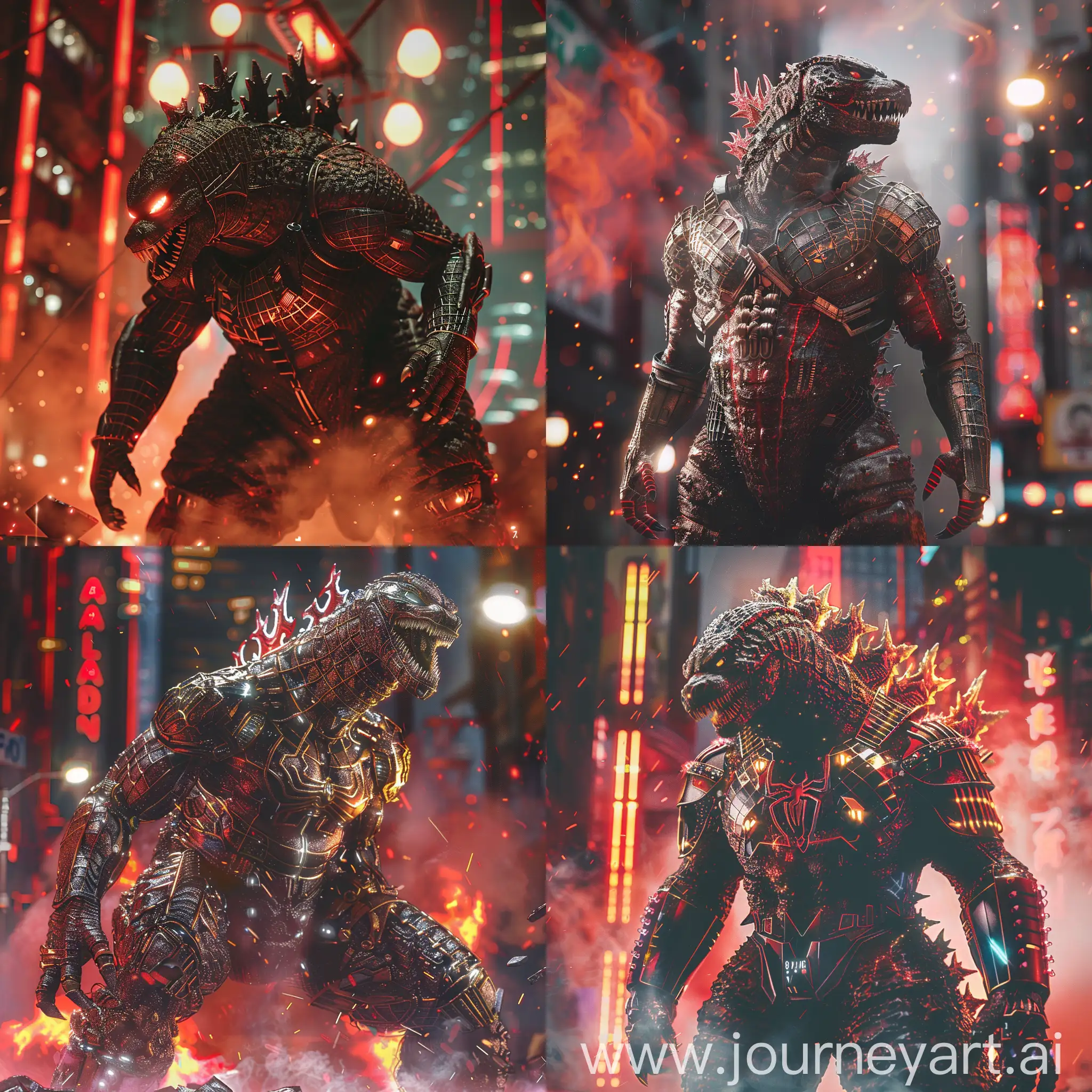 Godzila in iron spider suit, ultra realistic, hell fire background, middle of SPACE, high detail, urban style, concept art by Aaron Miller, trending on Artstation, art deco, ultra detailed, detailed, high detailed, zack snyder color style, red fog, cyberpunk lights, Hyper Detail, 8K, HD, Octane Rendering, Unreal Engine, V-Ray, full hd