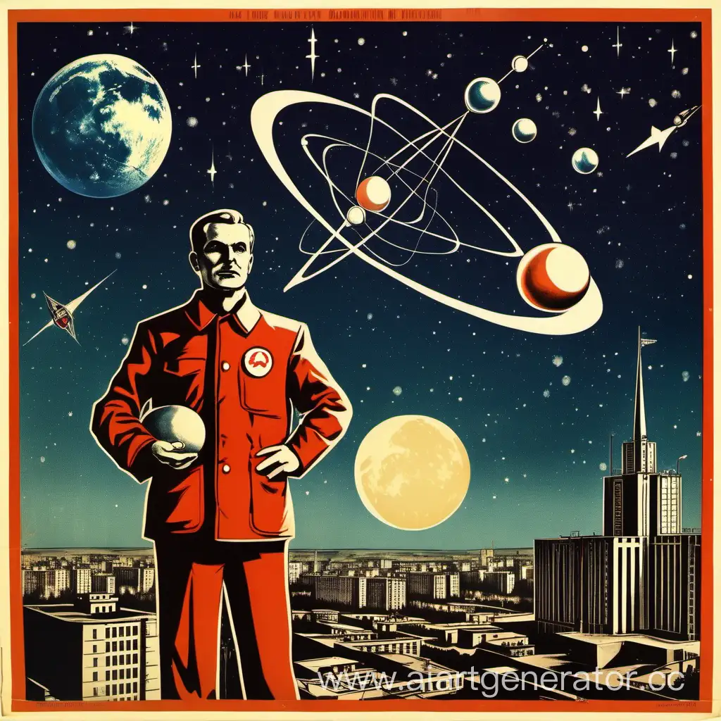 Советский мужчина смотрит прямо и держит в руках макет атома, сзади ночное небо с большой круглой луной,  летающая ракета, и 3  высокие антены ,далеко виднеются московские квартиры со светом в окнах.постер.