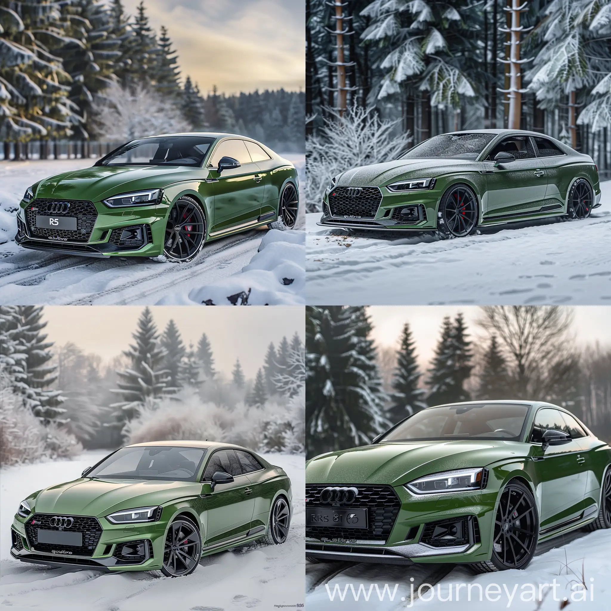 A realistic Instagram filter style 8k detailed photo van audi rs5 in Python groen mat groen met zwarte velgen rs5 2018 5 doors in winter vibes