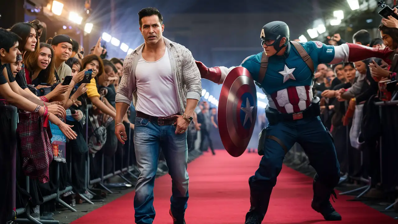 Generate an image showing Bollywood superstar Salman Khan in white shirt and jeans walking on the red carpet, superhero Captain America providing security to salman khan, pushing back the crowd