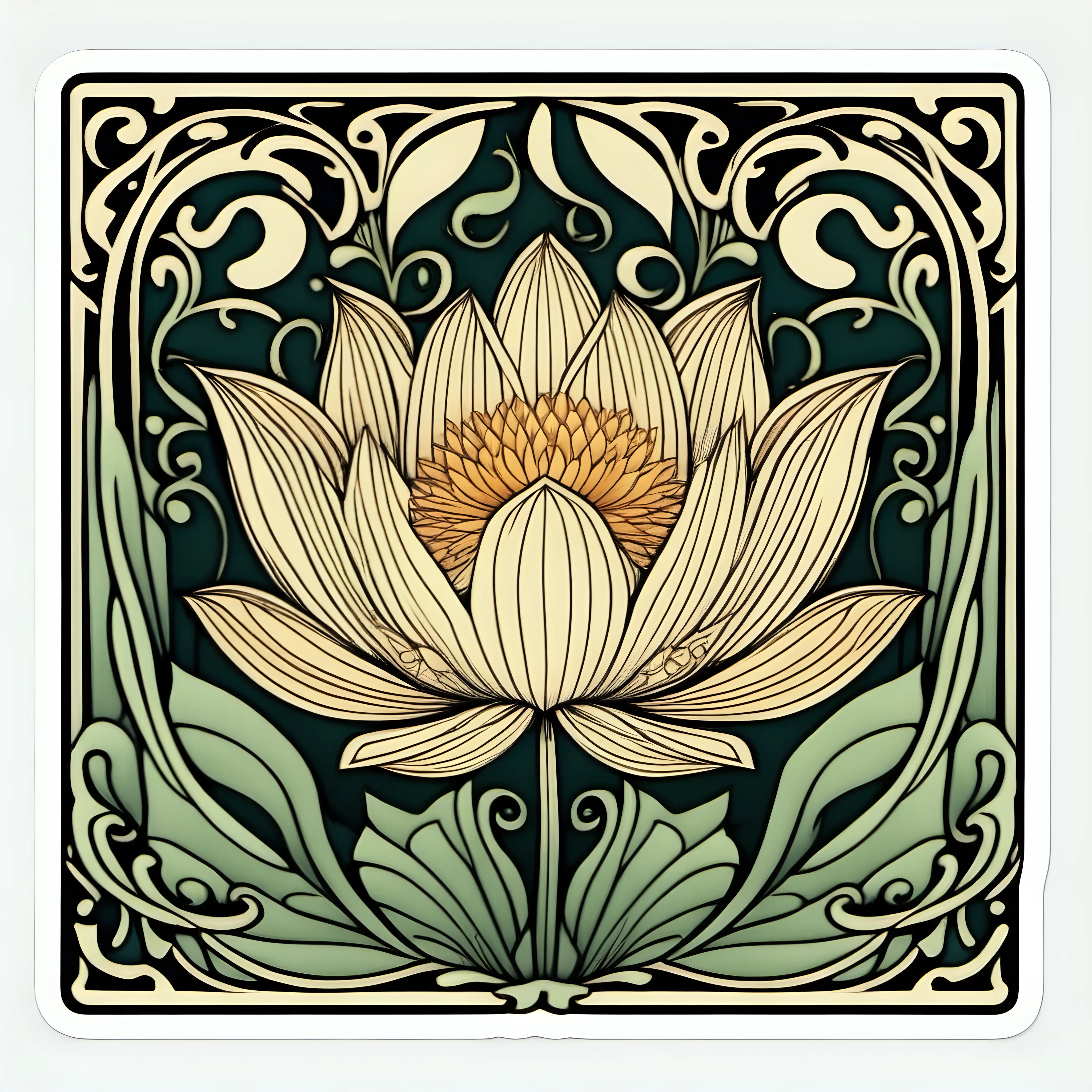 1960 art, image of a lotus flower Art Nouveau floral border, simplified, sticker