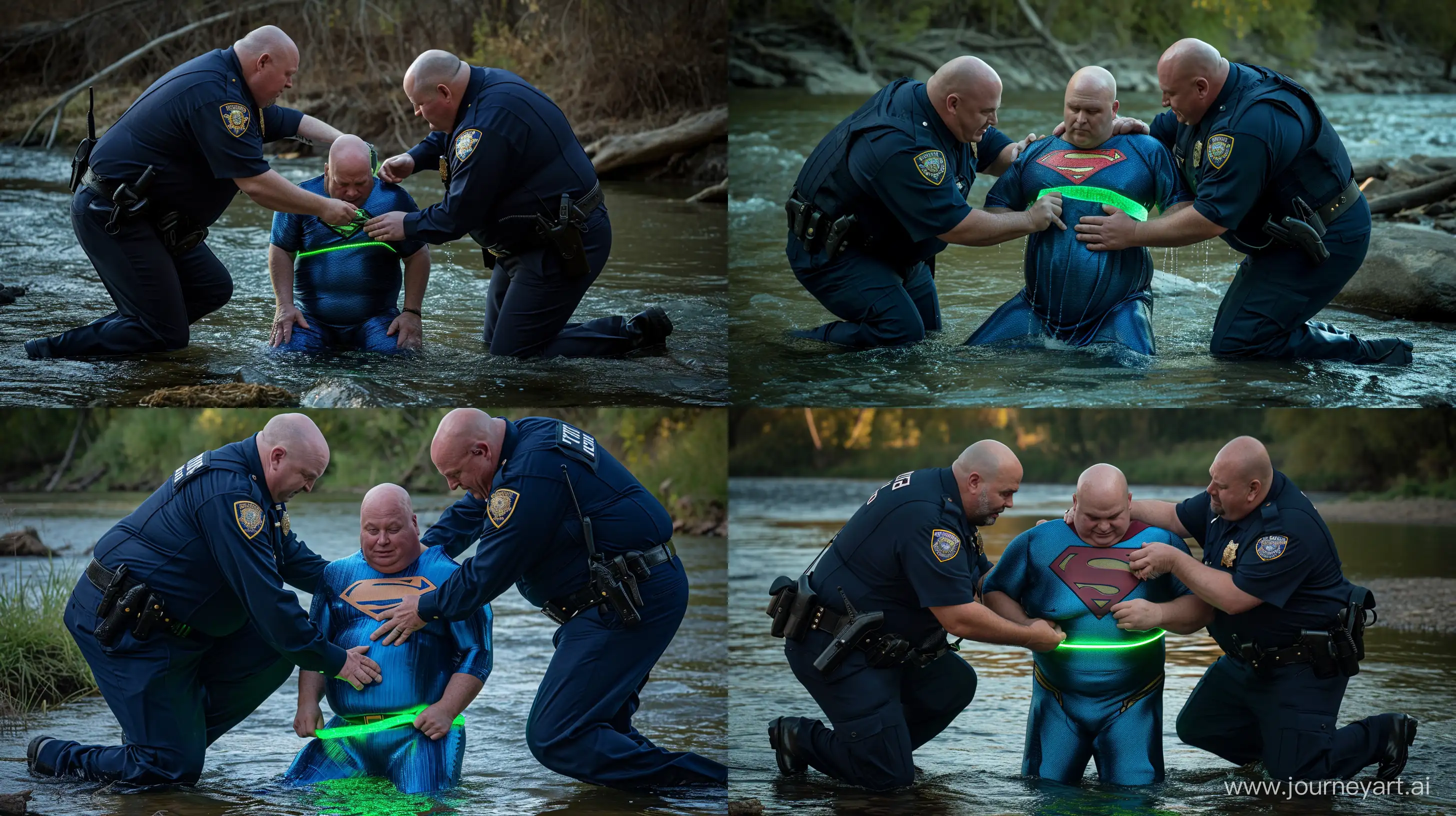 Elderly-Policemen-Secure-Glowing-Superhero-Belt-on-WaterKneeling-Man