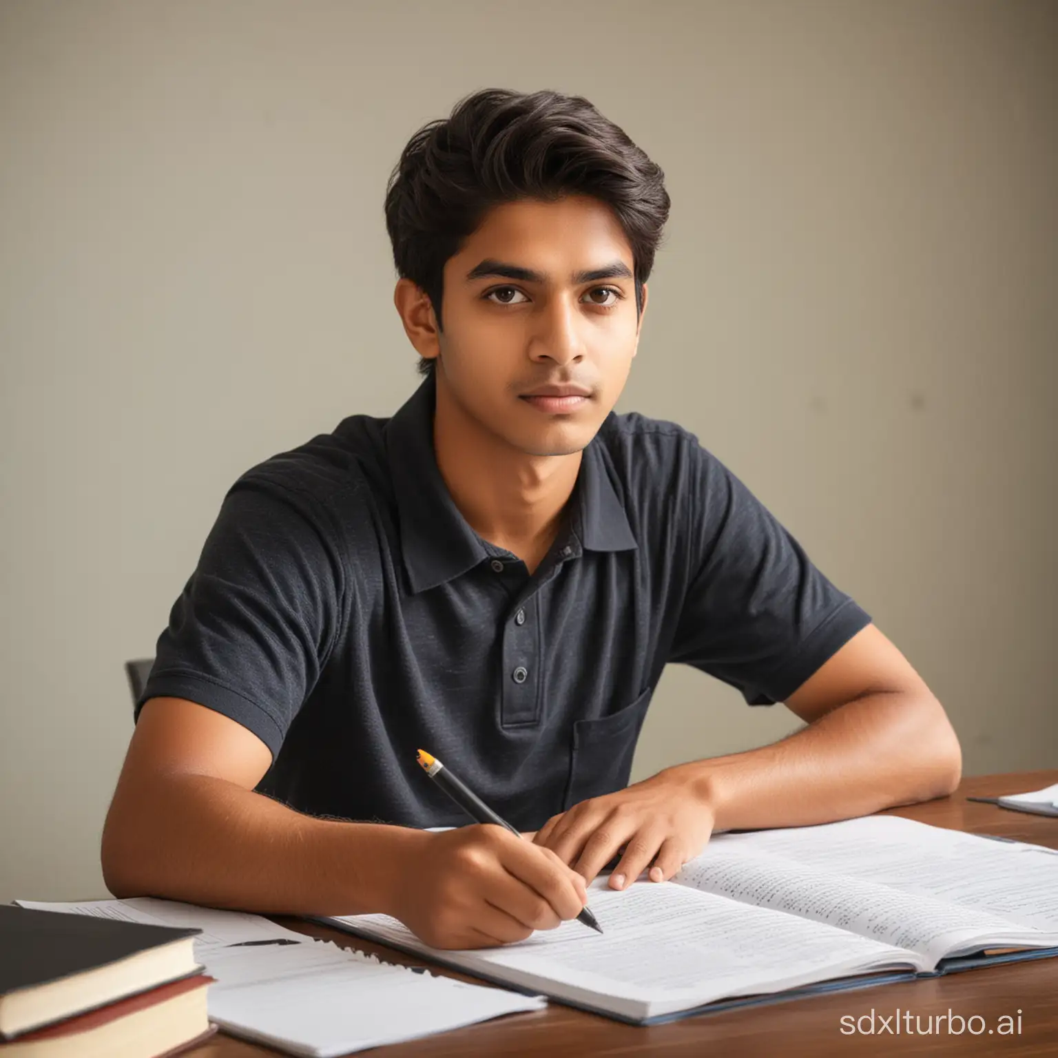 a 25 years old indian boy studying on desk