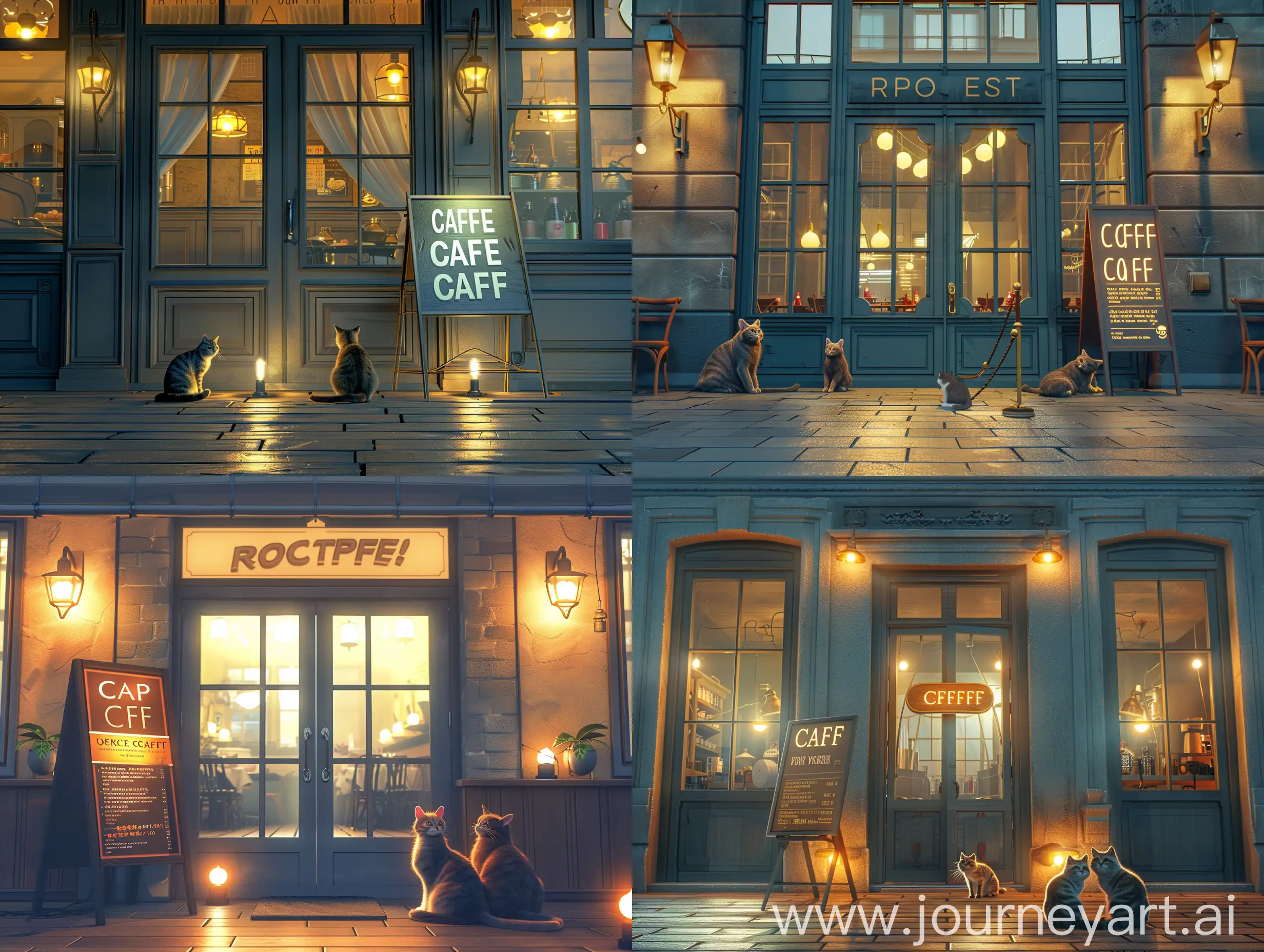 Cafe facade, front view, large announcement of the opening of this cafe on an advertising board that stands on the floor two cats are sitting next to the door, lights are on in the windows, photorealistic scene, kind atmosphere, not blurry