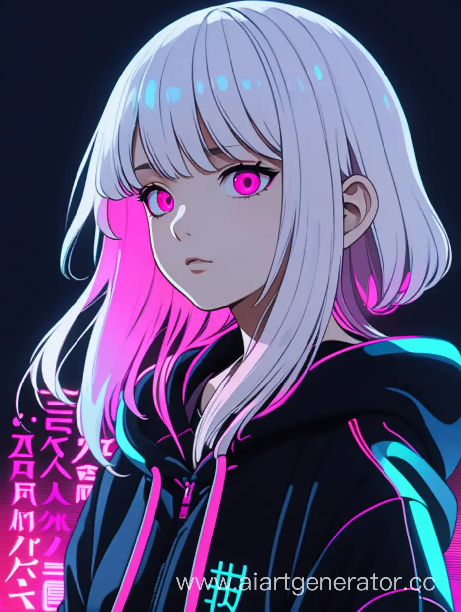 girl In a black hoodie with a hoodie with white hair, pink eyes Japanese style hayao miyajaki dark glitch neon