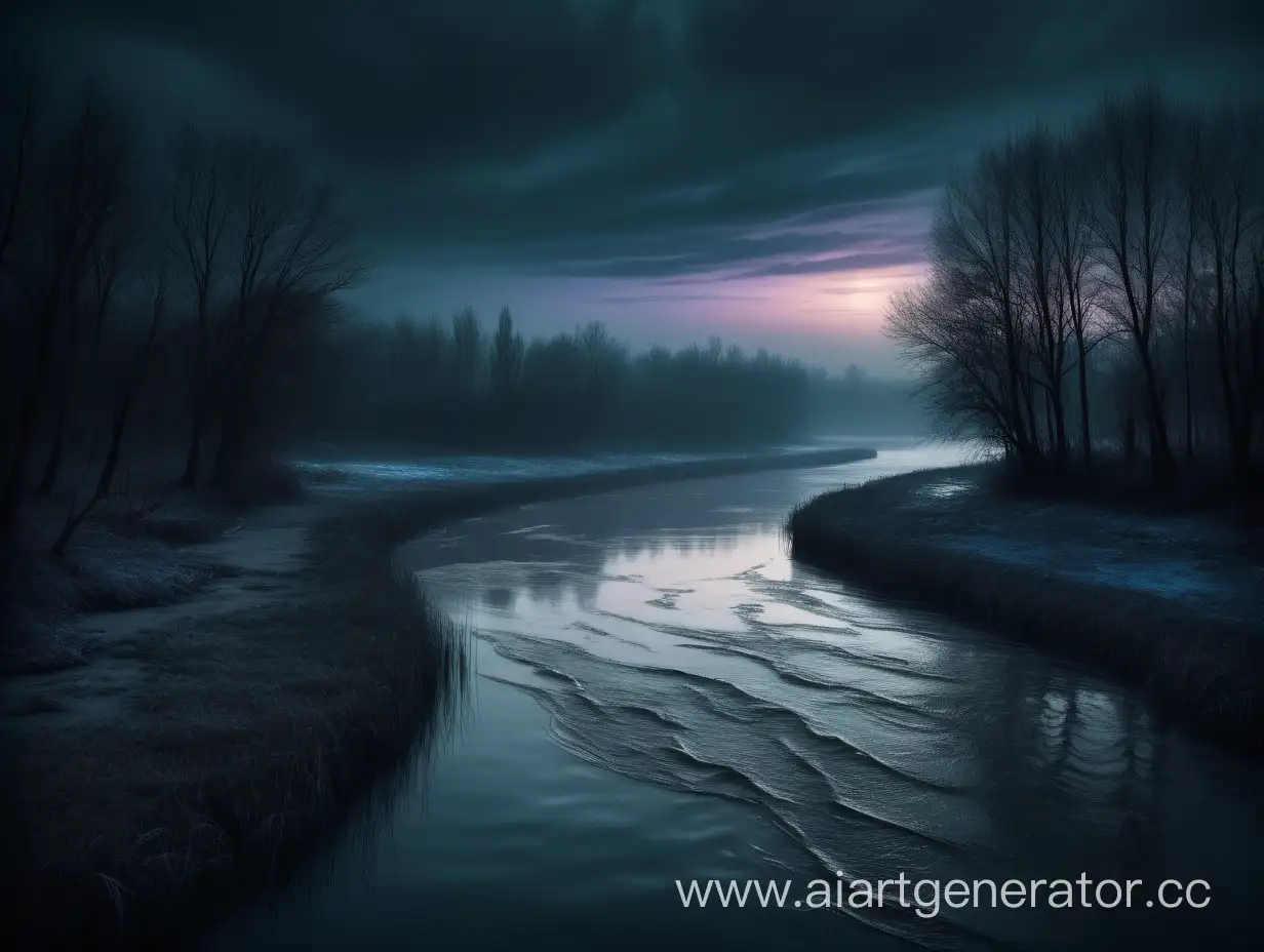 Сумеречная река с мрачными берегами в сказочном стиле