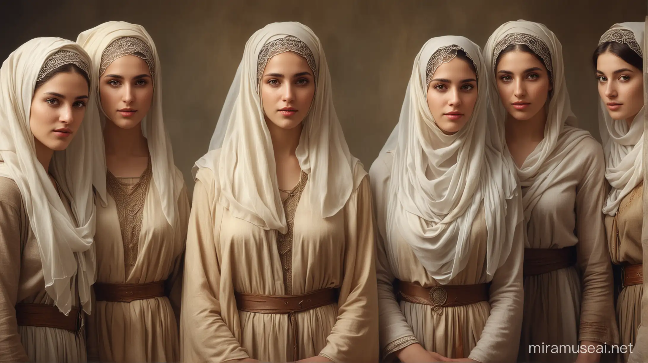 realistic image with 5 women, beautiful young women, in clothes from the time of Gerusaleh before Christ, dressed in clothes from that time with veils on their heads