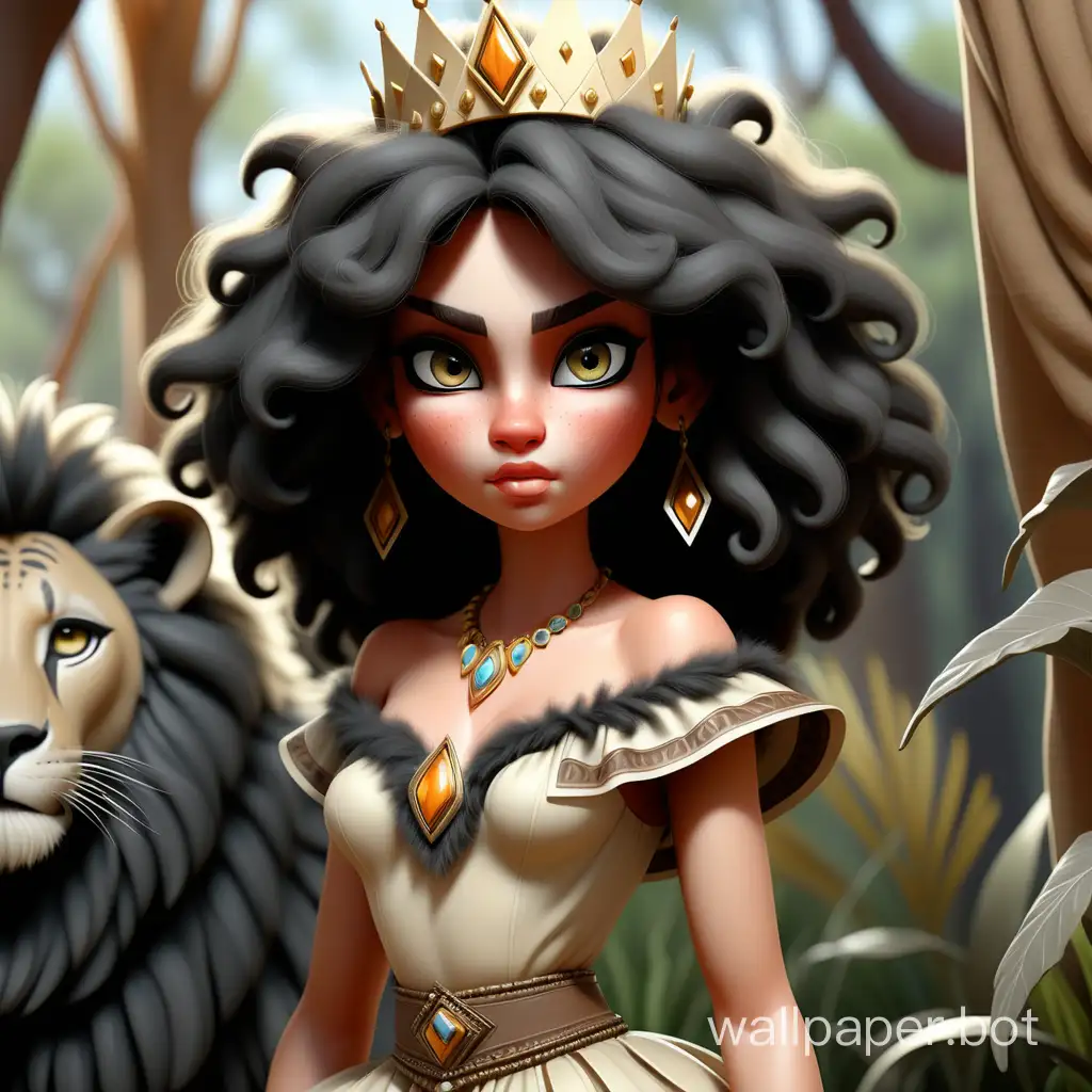 Divine princess of the wild savannah. Highest quality and detail. Clear illustration. Realistic reflective expressive moist eyes, realistic black fluffy hair, pure skin. Costume and skirt made of the finest silk. In-frame up to the waist. Frameless. 8K