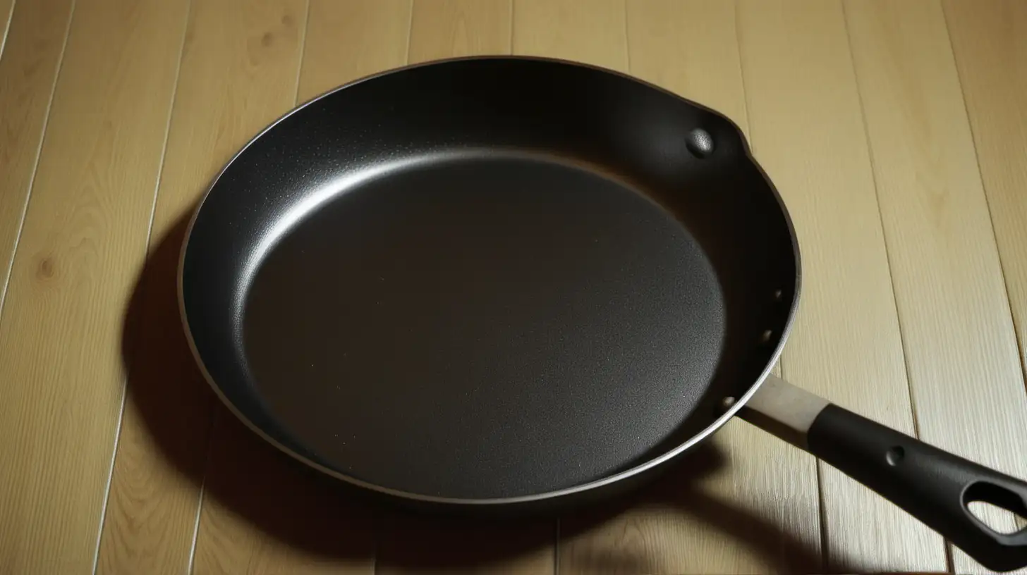 CloseUp of Frying Pan on Wooden Surface Kitchen Cooking Utensil