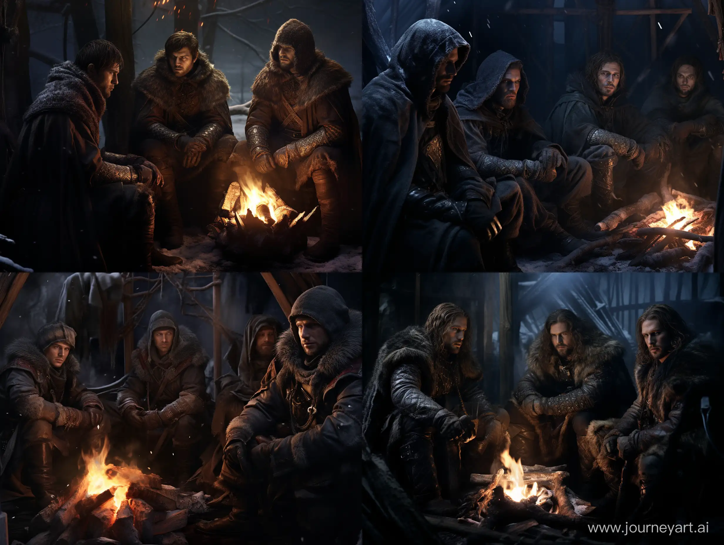 уставшие 4 (четыре) мужчины охотника, сидят у костра, в закрытой палатке, в средневековой зимней одежде, смотрят в сторону смотрящего, стиль тёмного фентези