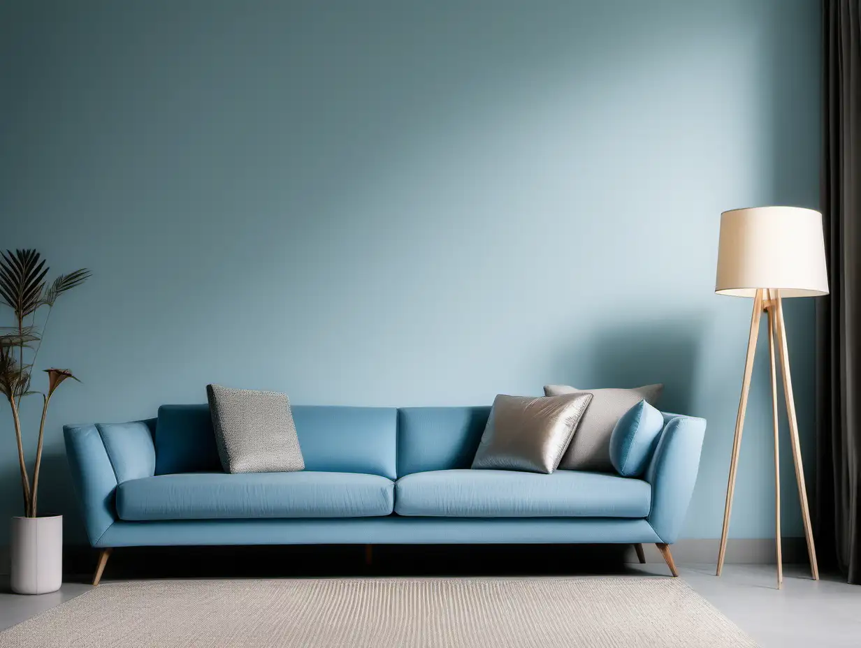 Commercial Photography, modern minimalist living room interior with    floor lamp, sky blue sofa.