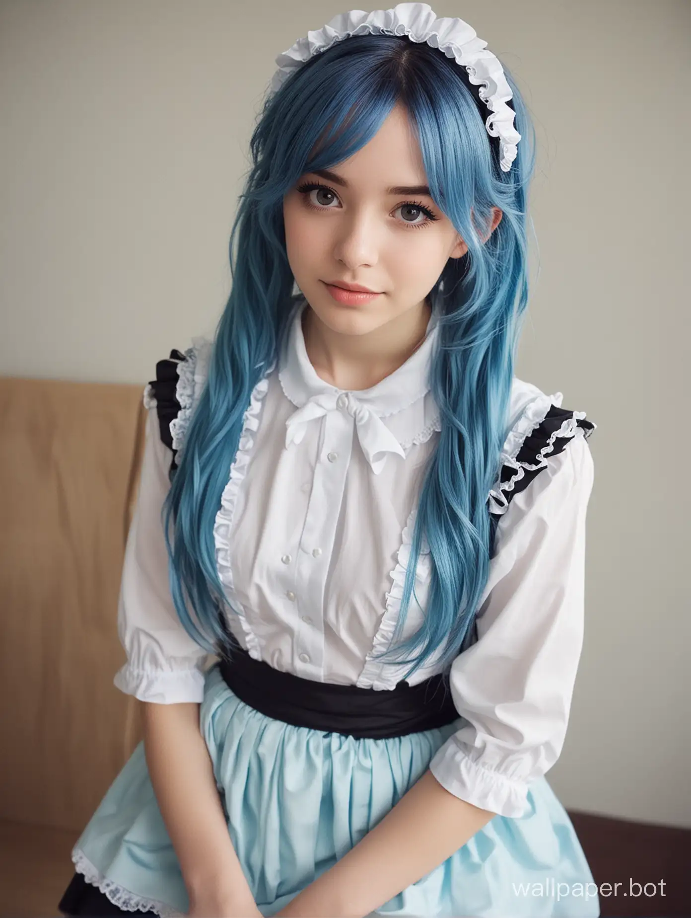 Blue hair, petite girl, cute, maid dress, beauty