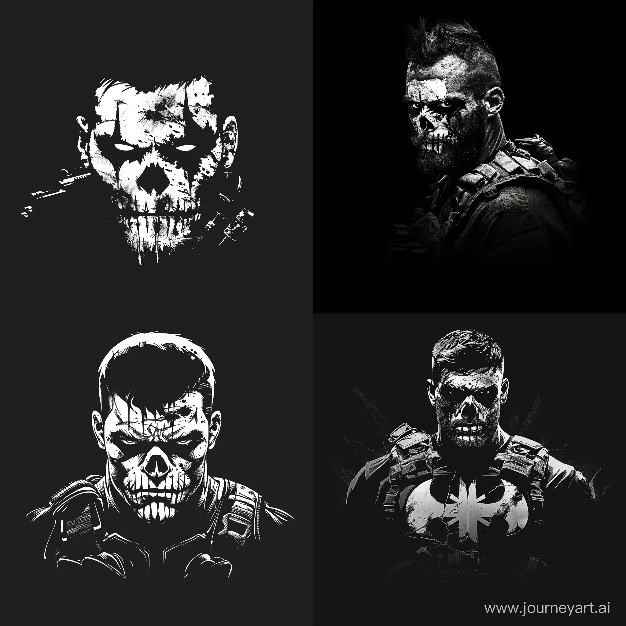 logo, minimalistic, man, crudely painted skull of punisher war paint, military equipment, black and white, black background