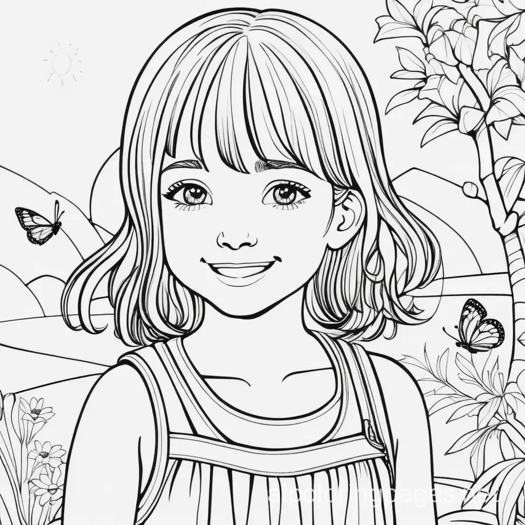 Black and white background. Full-length image. Against the background of a sunny glade stood a young girl who looked no more than 10 years old. Light brown hair cascaded down her shoulders like a waterfall, giving her thin face sharper features. Light-brown eyes sparkled like a child's, creating a sense of innocence and faith in the best. A lovely smile. The tight-fitting outfit looked like it was made for her, accentuating all the virtues and hiding any possible flaws. , Coloring Page, black and white, line art, white background, Simplicity, Ample White Space. The background of the coloring page is plain white to make it easy for young children to color within the lines. The outlines of all the subjects are easy to distinguish, making it simple for kids to color without too much difficulty
