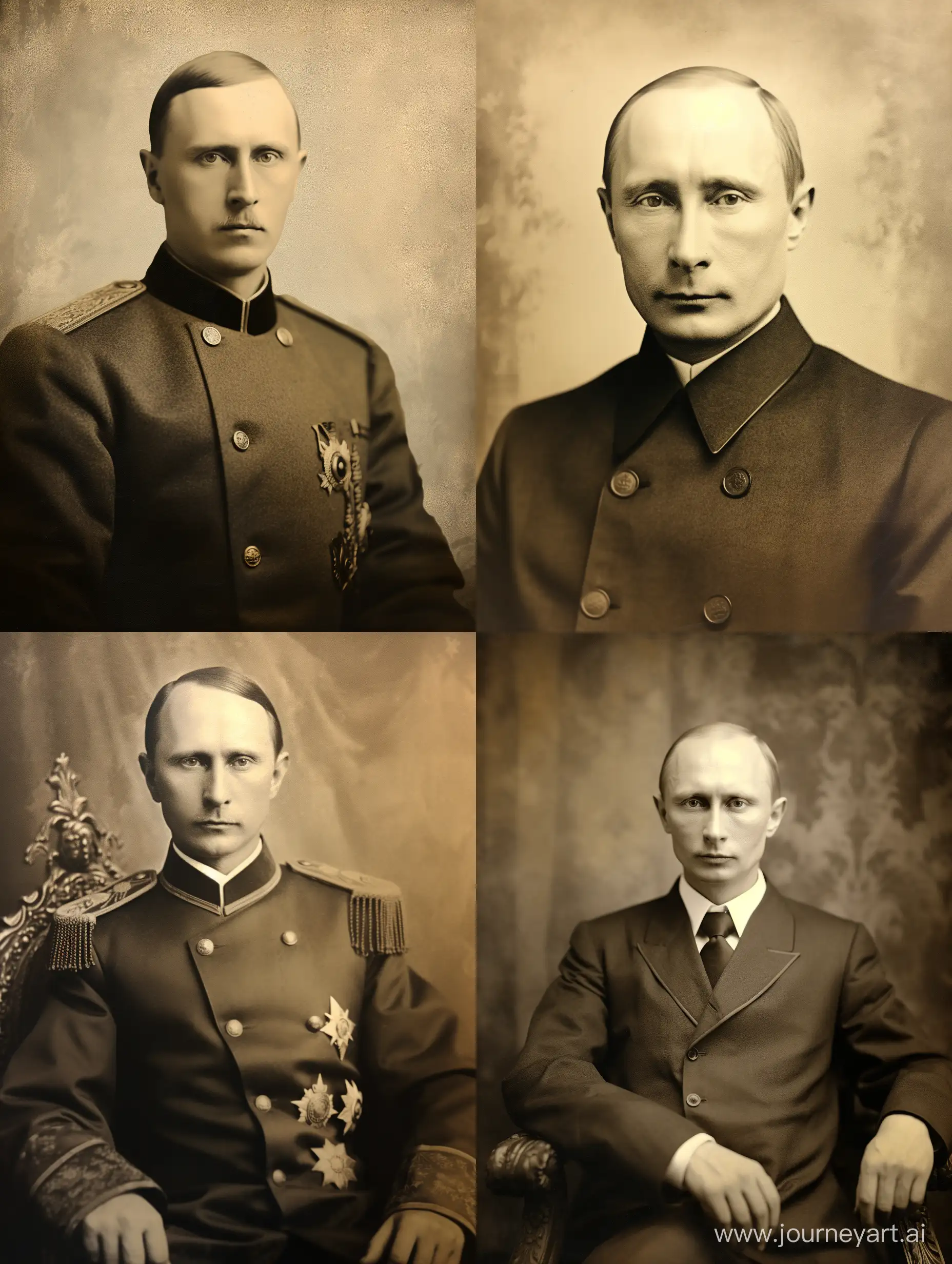 historical photo of Vladimir Putin, sepia photo is aged, ultra-detailed, hyperrealistic