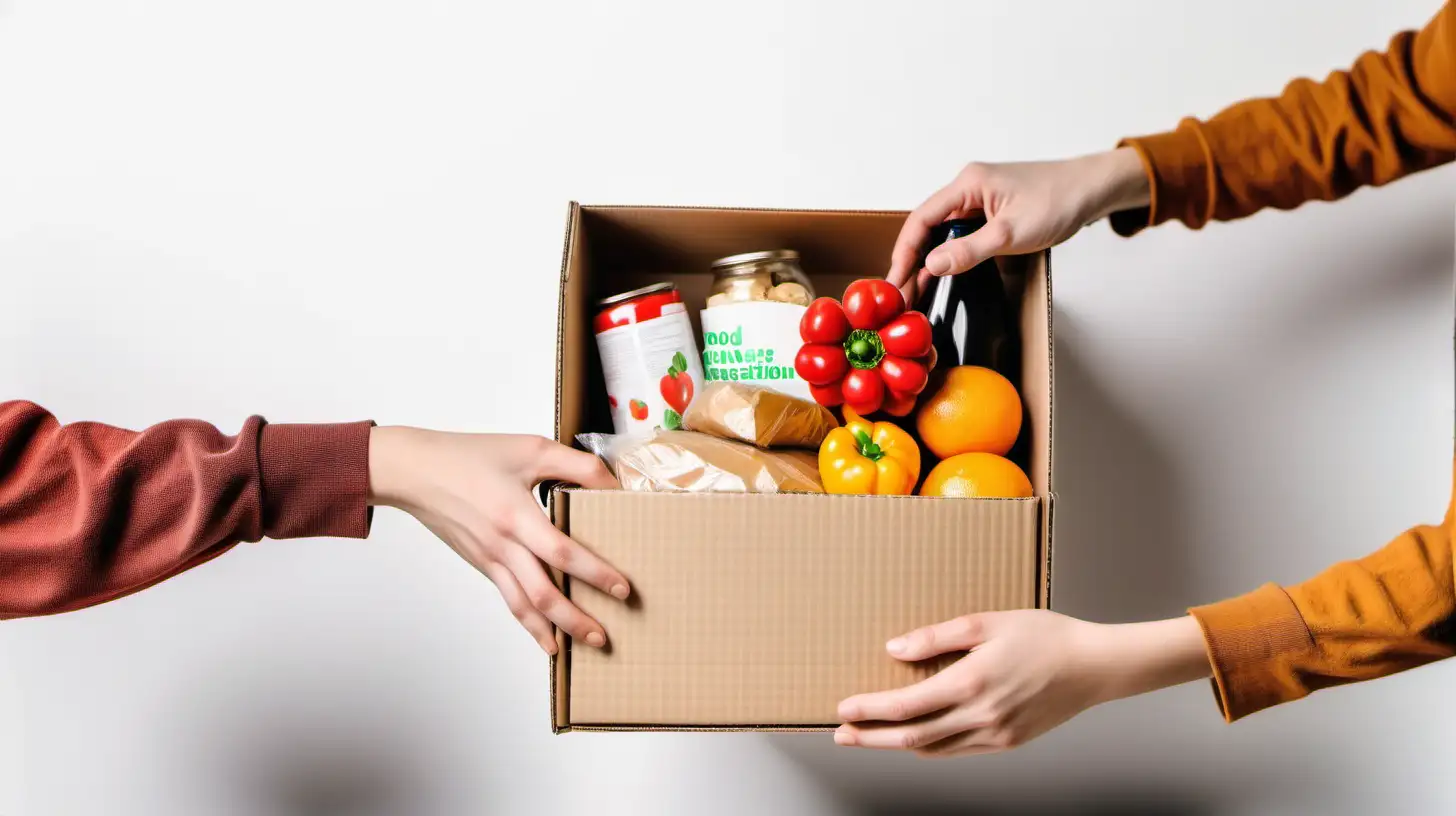 Volunteers hands holding food donations box with grocery products on white desk
