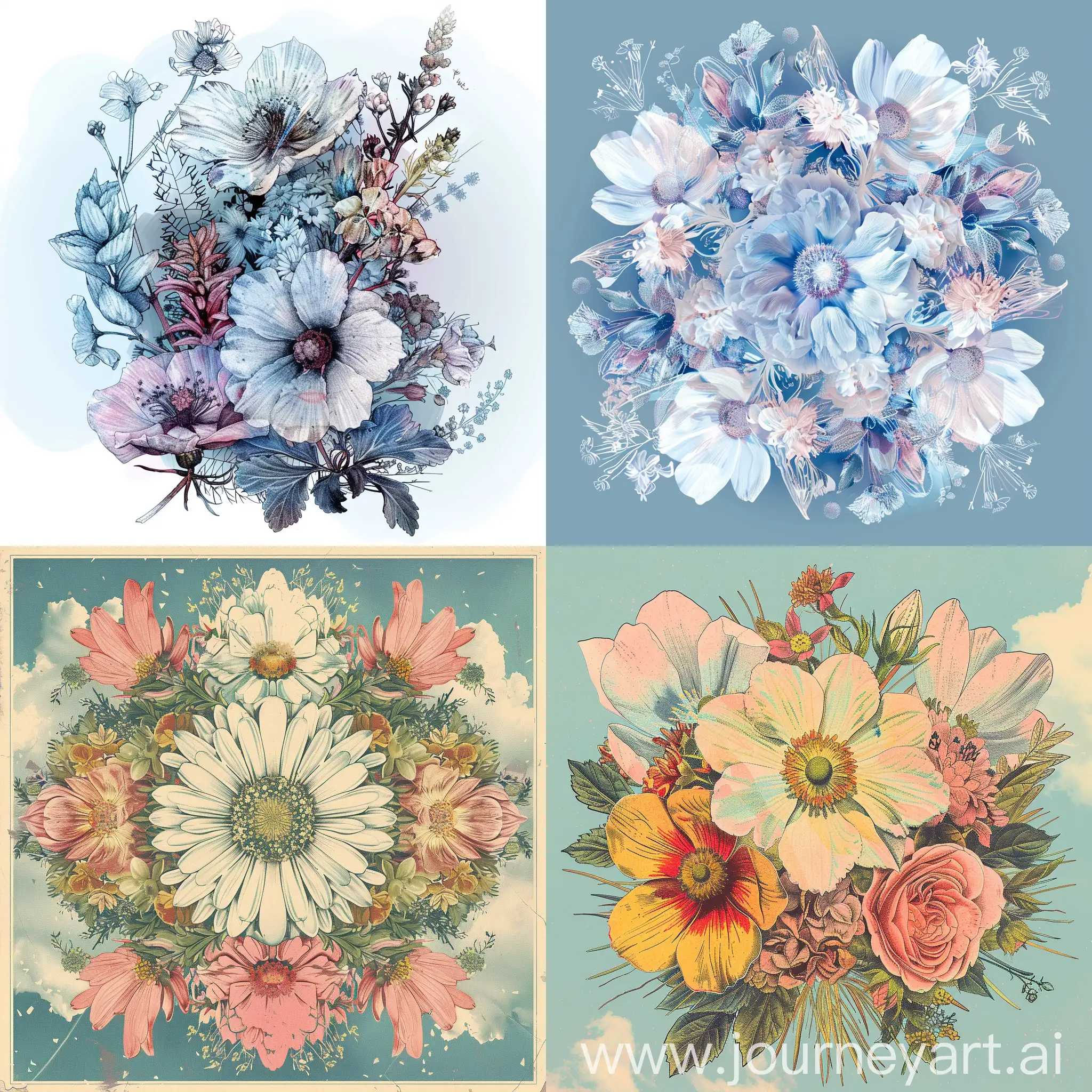collage drawing of flowers ;stock vector, in the style o old very light sky-blue andpink;kaleidoscopic centarl composition;neat and clean glossy woodblockprint, nature-inspired pieces, organic form,, photorealistic,