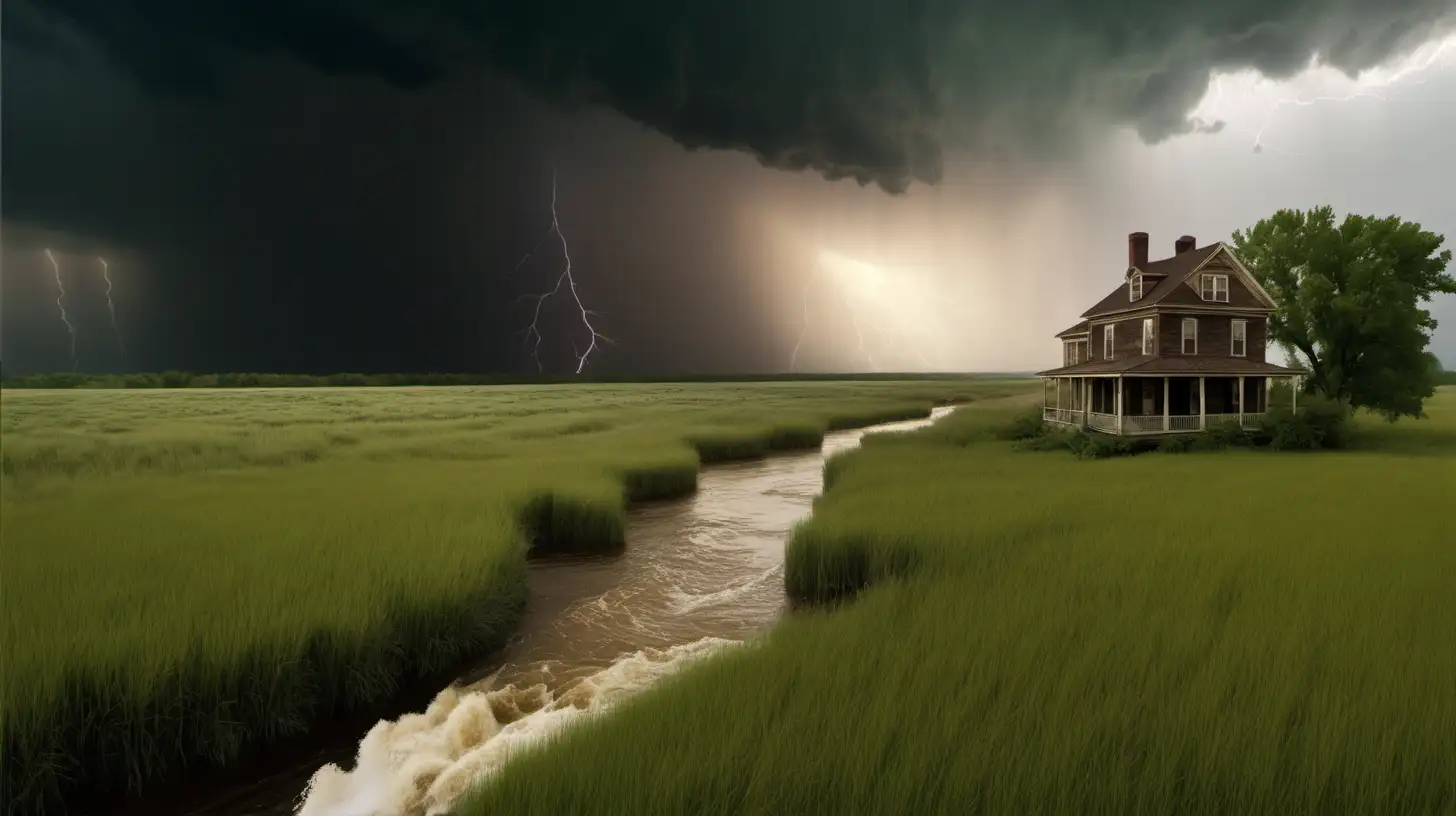 raging wide river through sprawling meadows of tall browngrass, thunderstorm raging with the sun still showing, small 1800's house on the right side close to the river
