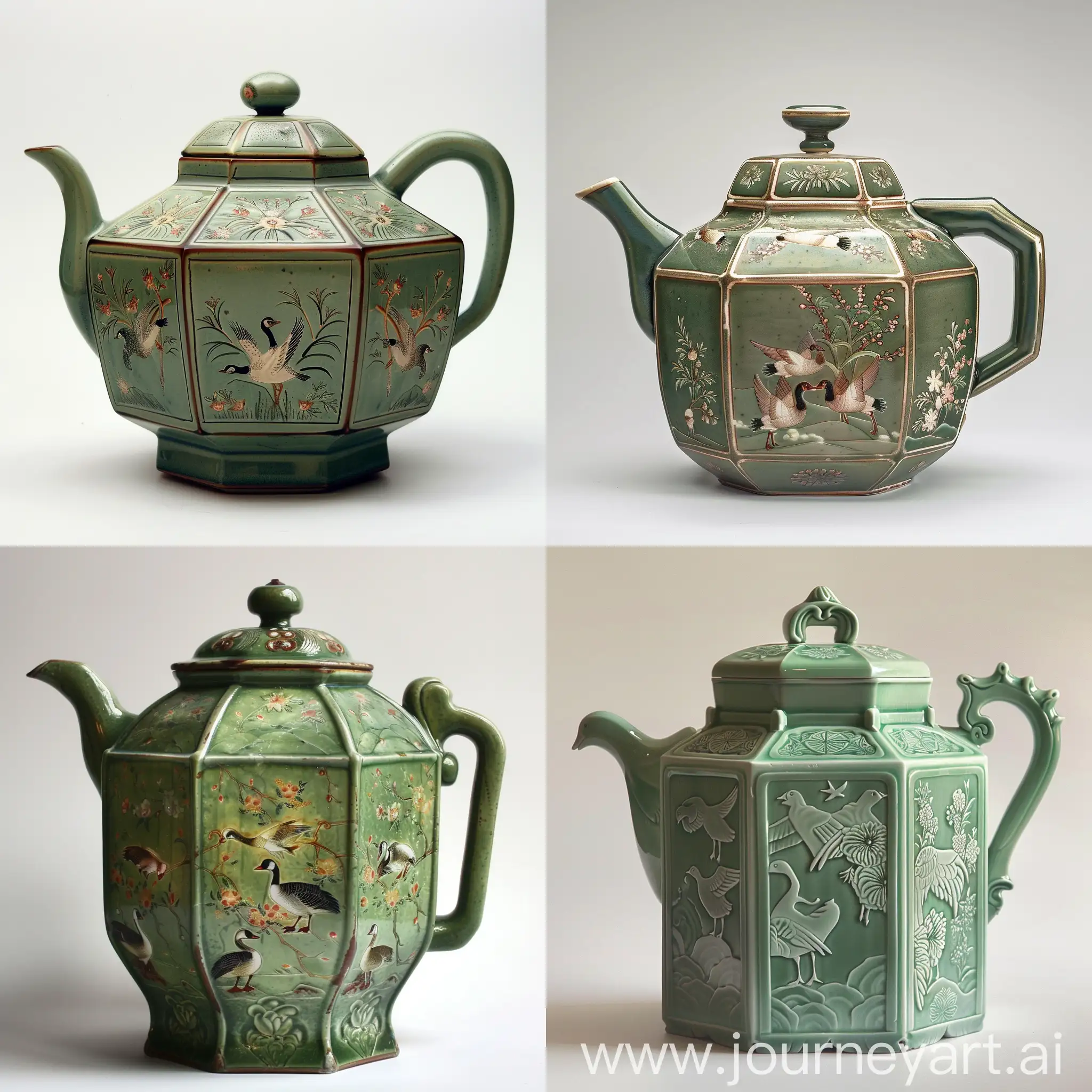 Chinese-Octagonal-Teapot-with-Gradient-Green-Color-and-Geese-and-Flower-Patterns