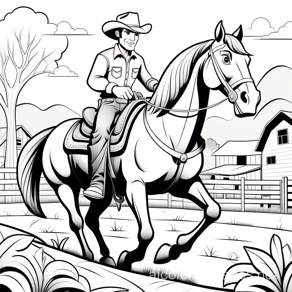 coloring book page, a cowboy riding a horse on a farm, Coloring Page, black and white, line art, white background, Simplicity, Ample White Space. The background of the coloring page is plain white to make it easy for young children to color within the lines. The outlines of all the subjects are easy to distinguish, making it simple for kids to color without too much difficulty
