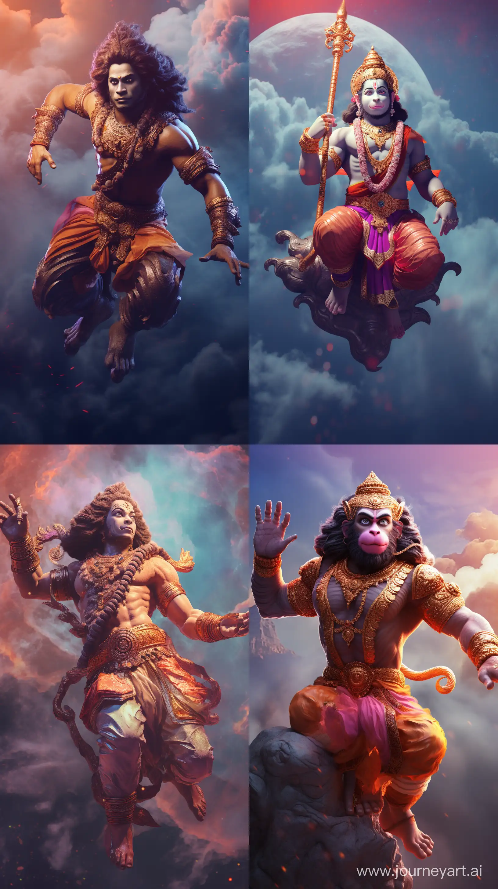 Realistic and colorful images depicting Hanuman from Hinduism, flying in the sky, intricate details, 8k quality --ar 9:16