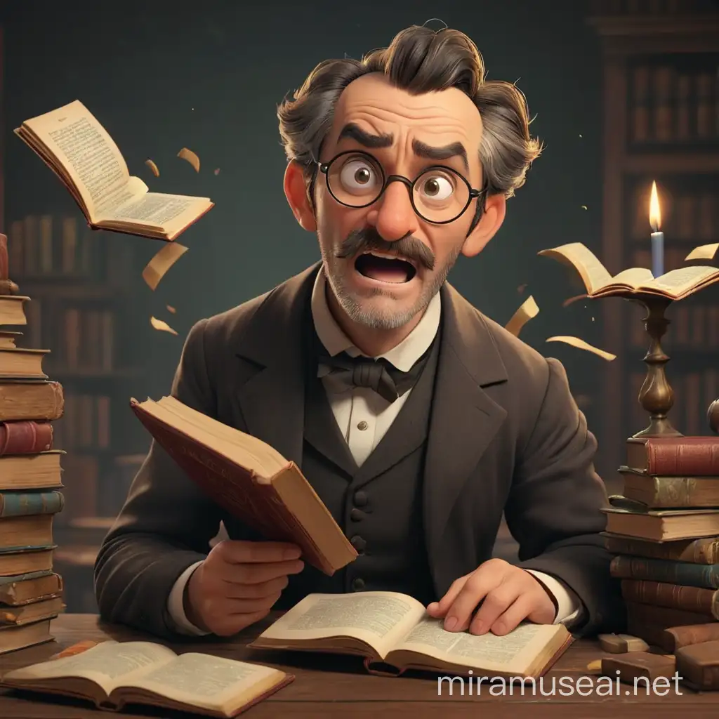 A university professor dressed in 19th century style bites a book, with other bitten books lying around him. In 3d animation style.