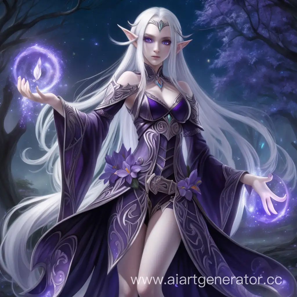Девушка, женщина, в темной магической одежде,  белые волосы, эльфийка, фиолетовая радужка глаза, во весь рост