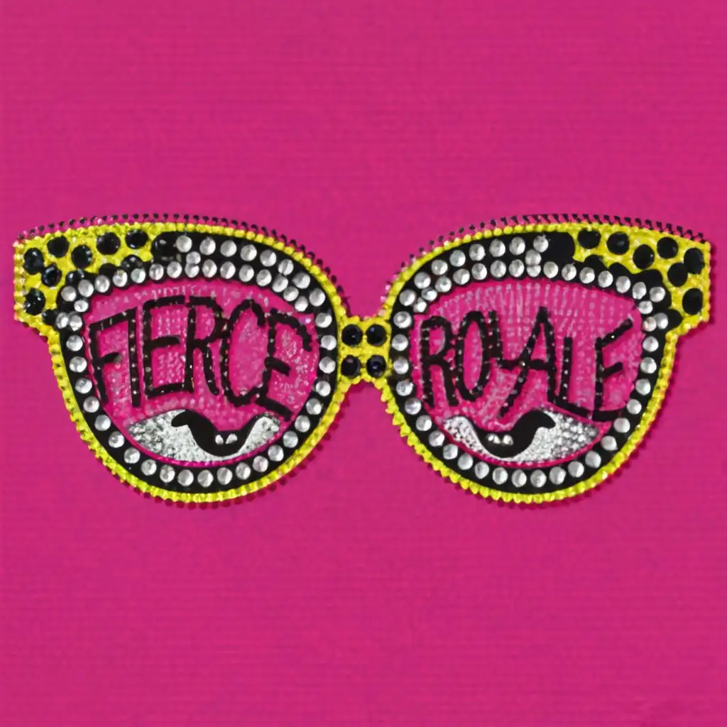 logo, Oversized sunglasses with goofy cartoon smile created with rhinestones and neon cheetah print, with the text "Fierce Royale", typography