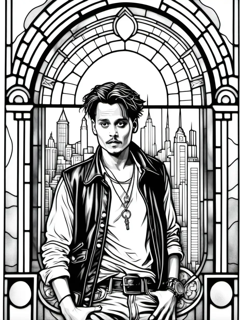 adult coloring page, clean black and white, white background, stained glass with city theme, young johnny depp in 21 Jump Street