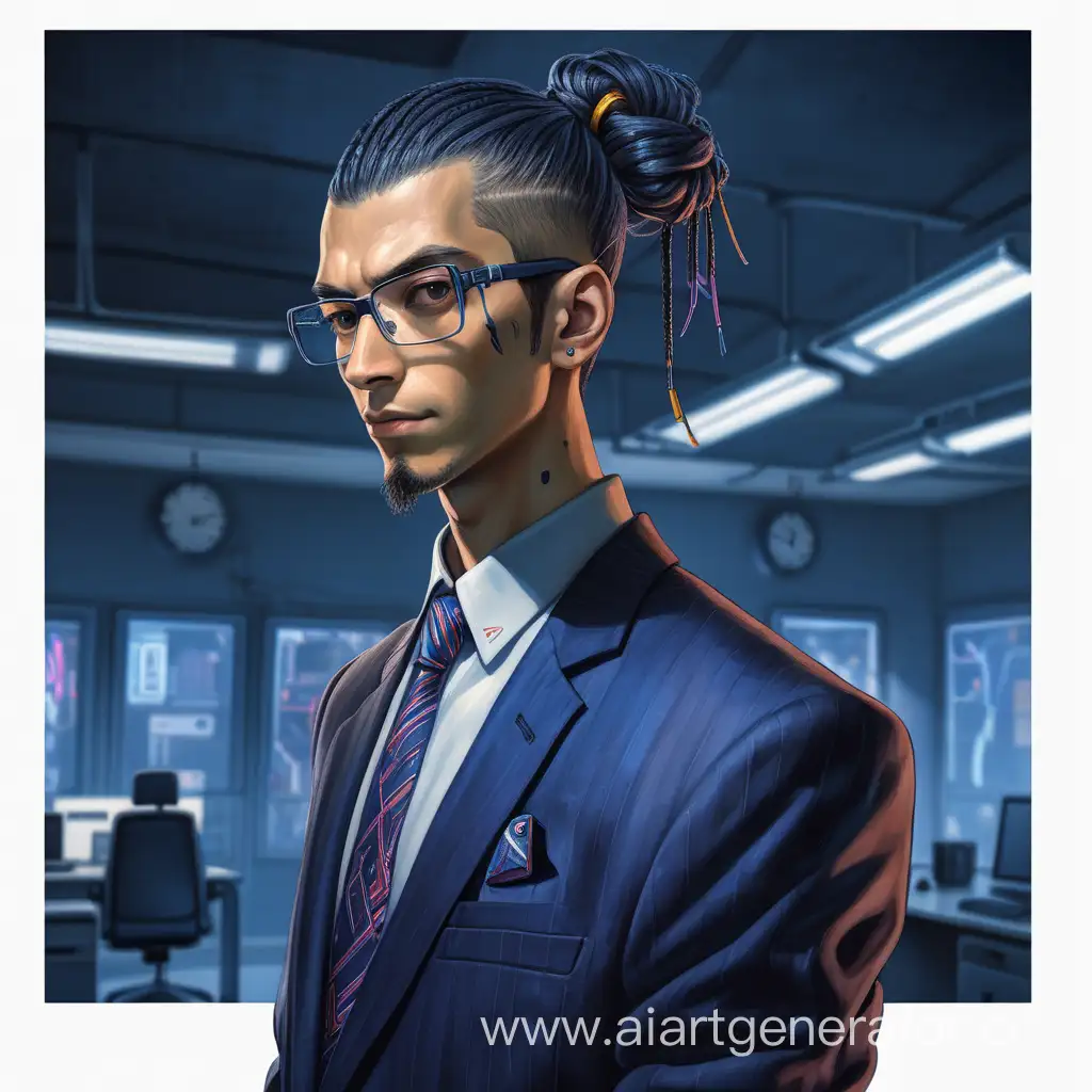  худой парень, киберпанк, молодой, в старом тёмно синем офисном костюме с галстуком, смотрит в камеру, волосы фиолетовые связанны в пучок