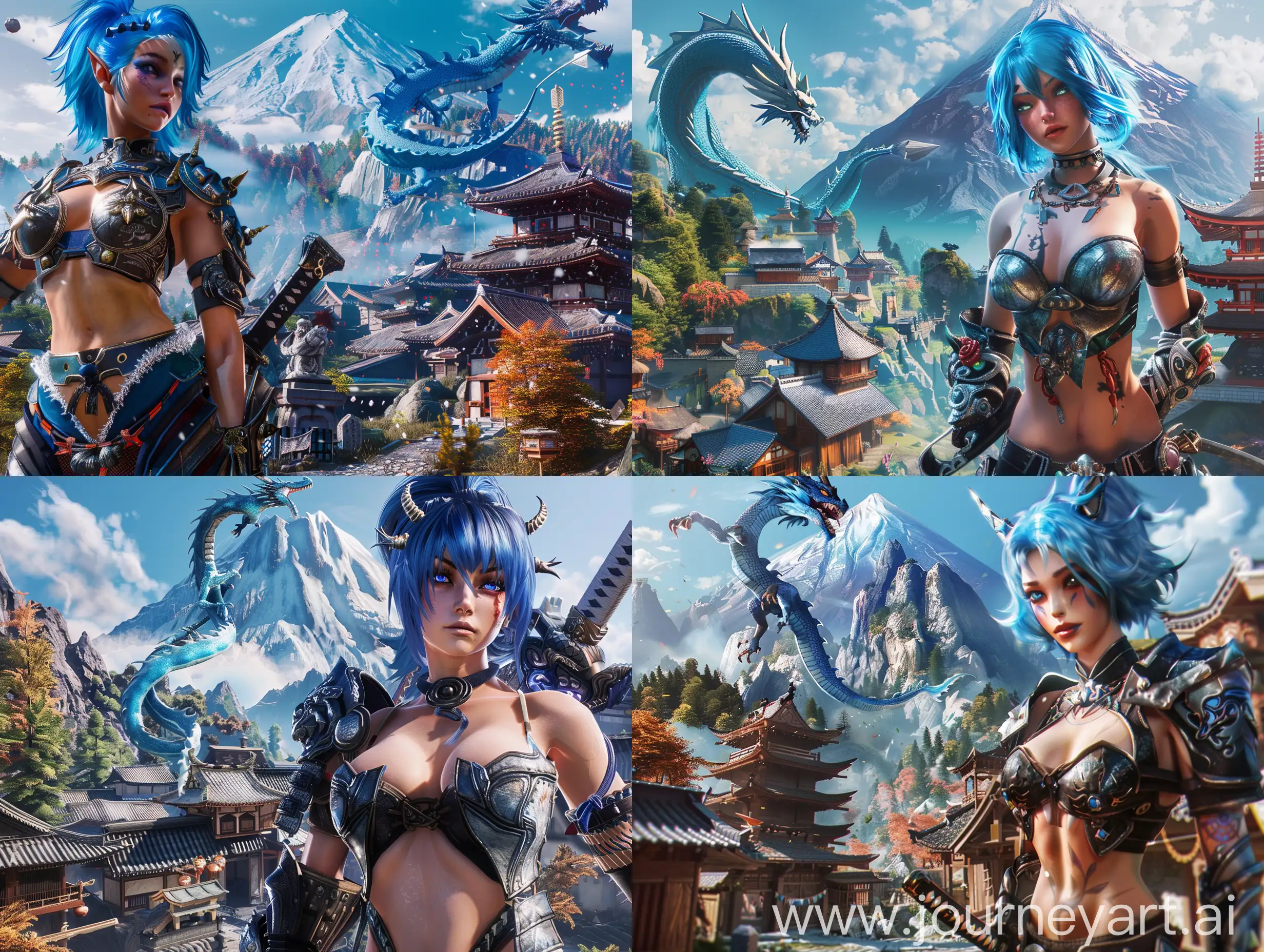 A mountain in the background, a blue dragon in the sky, a village with Far Eastern architecture in the foreground, a very beautiful Japanese woman with a low-cut top, armored top and holding a large, fantastic sword in her hand. The woman's hair is blue.quality unreal engine 4