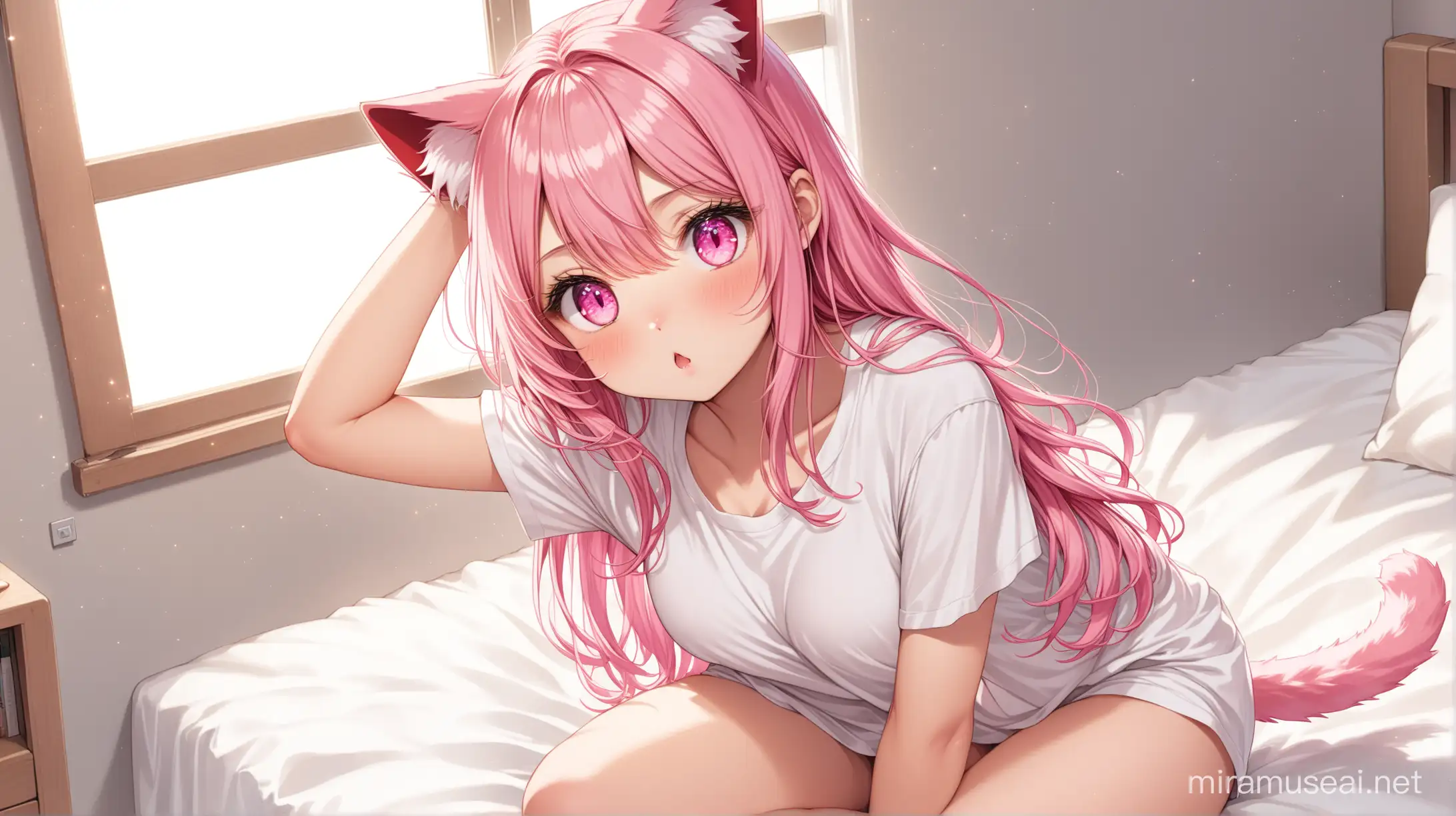 ((Inui Sajuna)), ((1girl)), High-quality anime illustration of cute cat girl, ((pink fluffy cat ears)), ((animal tail)), ((light pink hair)), straight long hair down, two side up, black hair ribbons, hair between eyes, ((pink eyes:1.3)), wearing an oversized white t-shirt,  ((bedhead)), ultra detailed hair, ((highly detailed eyes)), ((16k)), ((hd)), high resolution, ((best quality)), cute, (looking at viewer), petite body, cat mouth:1.3), (:3, (single), on bed, ((upper body)), ((masterpiece)), perfect, ((sitting)), ((wariza)), ((large cat-shaped eyes)), ((long and thick lashes)), ((waking up)), rubbing one eye sleepily, ((one arm up)), thighs, ((bare feet)), ((slender body)), ((POV)), ((from above))