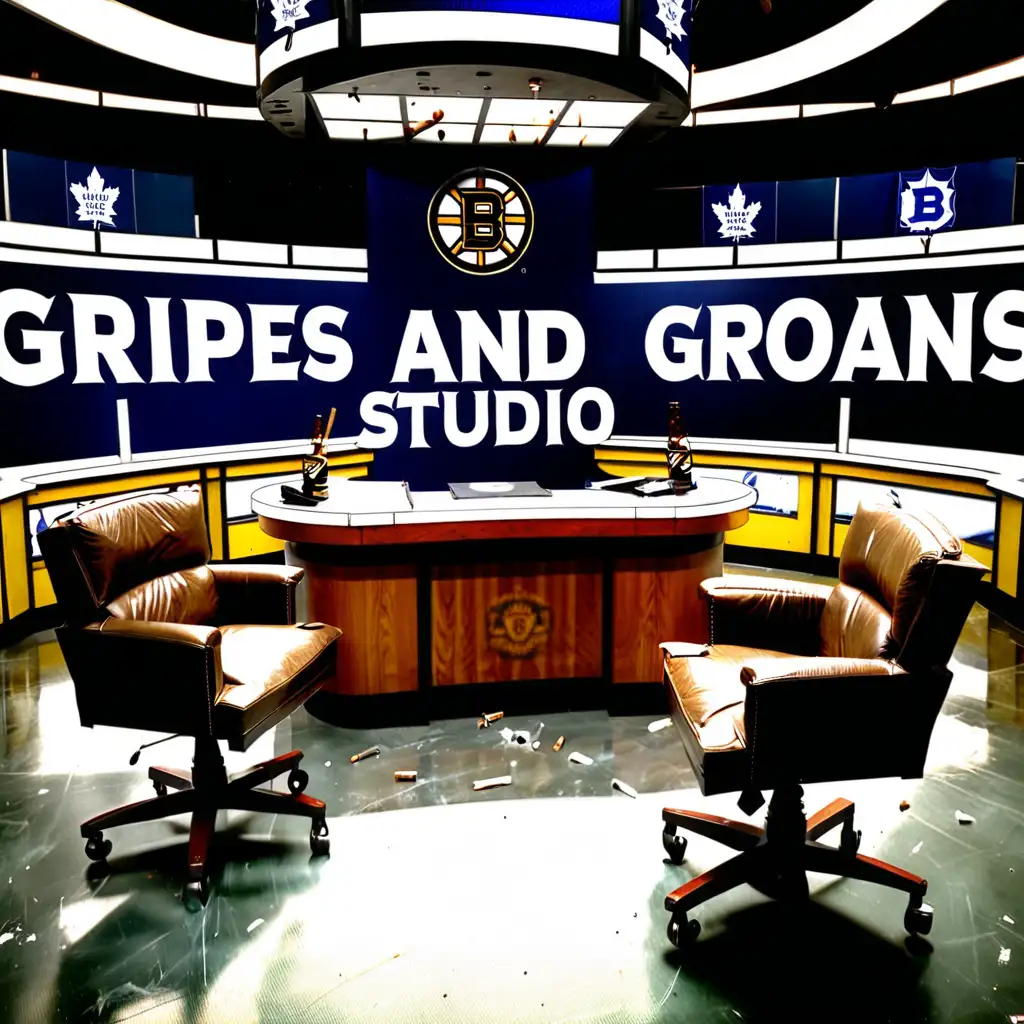 Hockey news studio with two chairs facing the camera, there is a sign on wall that reads  "NHL Gripes and Groans", Beers on the desk, smoking cigars on the desk, boston bruins, toronto maple leafs
