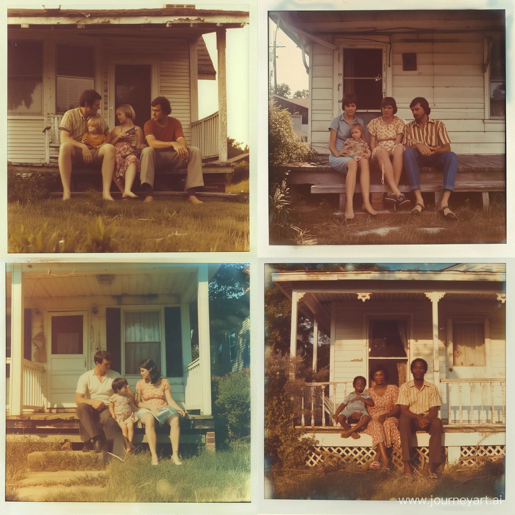 a family sitting on the porch of their house on a late summer afternoon, 1970s Polaroid photography
