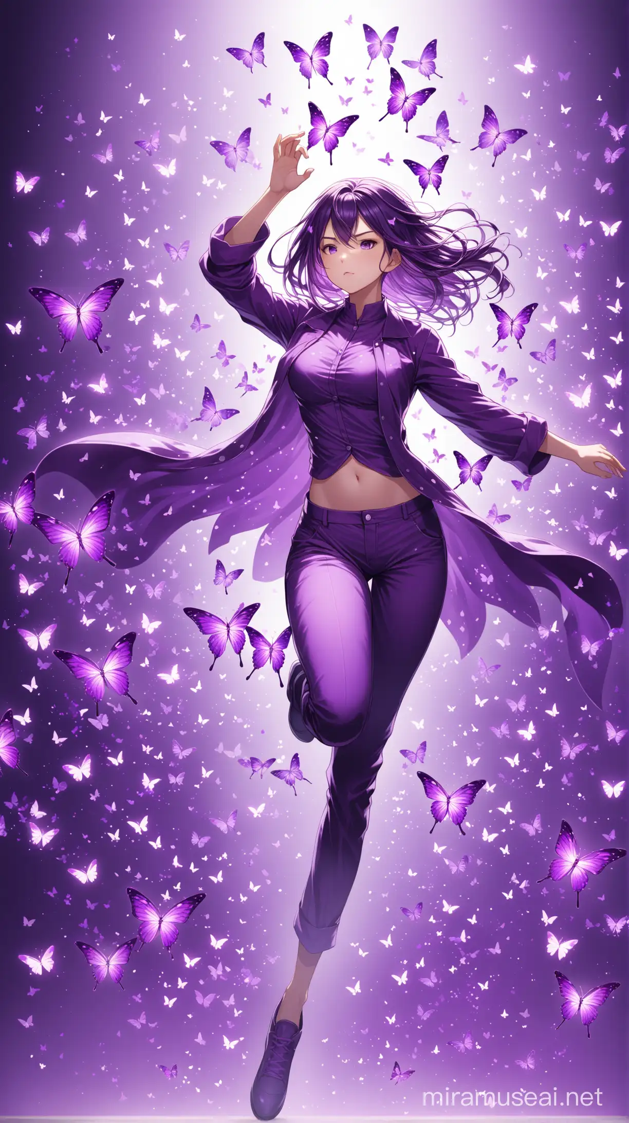 girl whose body made of purple butterflies, in an action pose. Wearing  pants with a purple theme