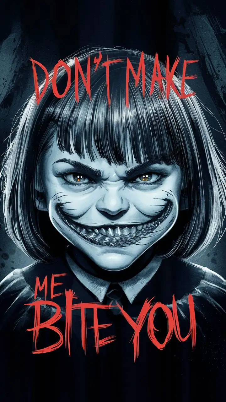 


a young girl with an attitude looking  up as her face contorts slightly with a wicked grin. The phrase " Don't Make Me Bite You" written
