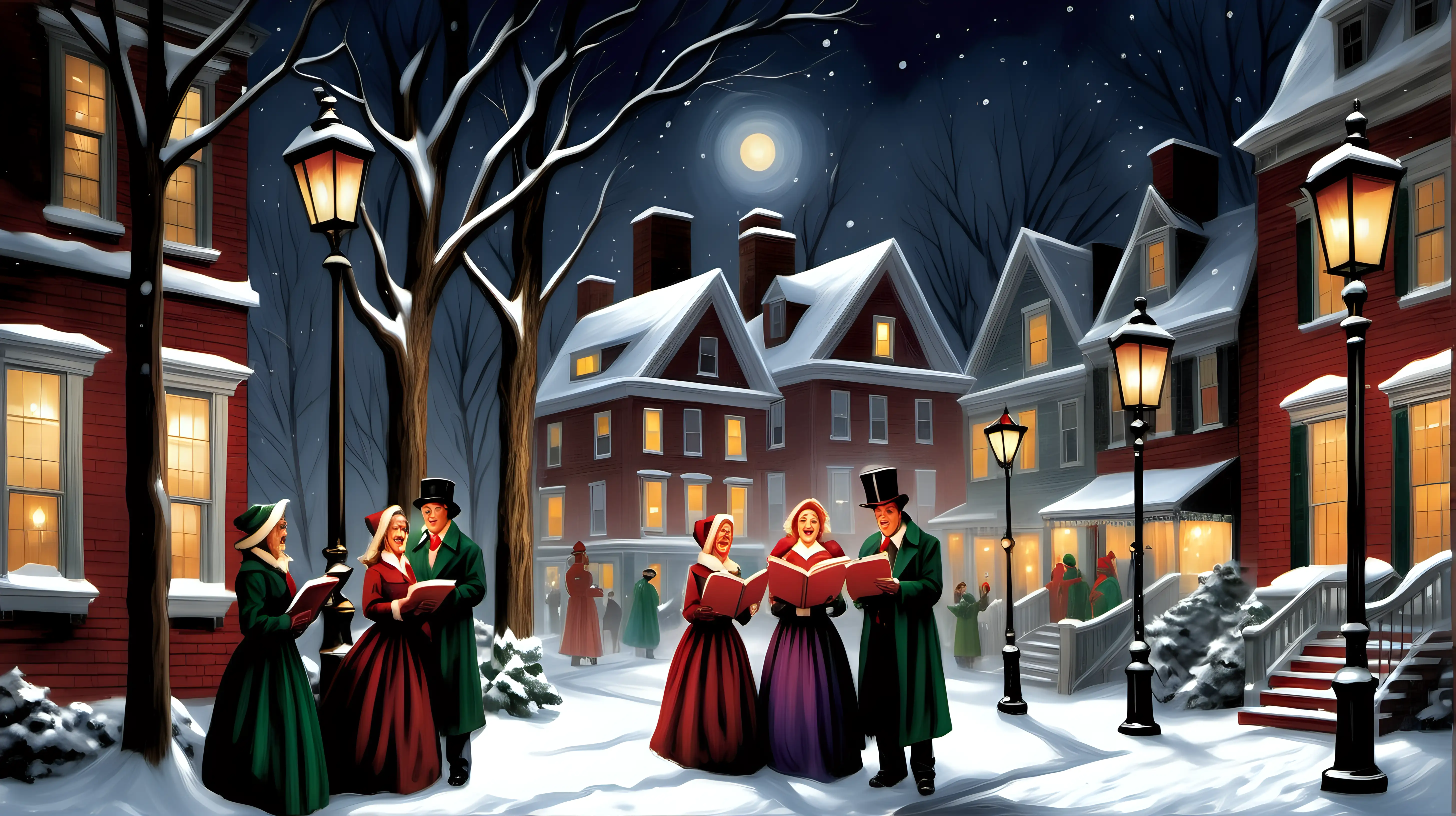 "Frame a picturesque scene of carolers singing beneath the glow of lampposts on a snowy evening."