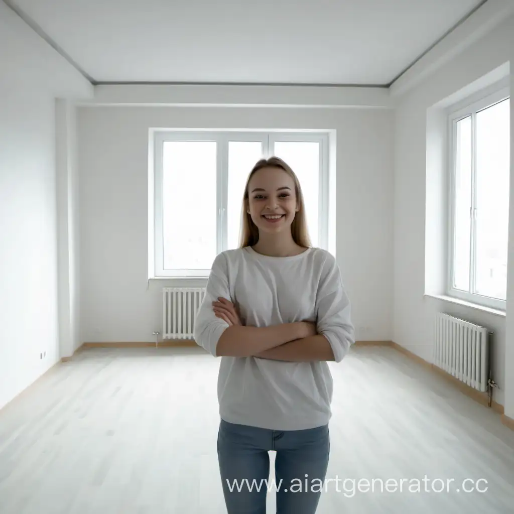 девушка улыбается, в пустой новой квартире показывает комнату