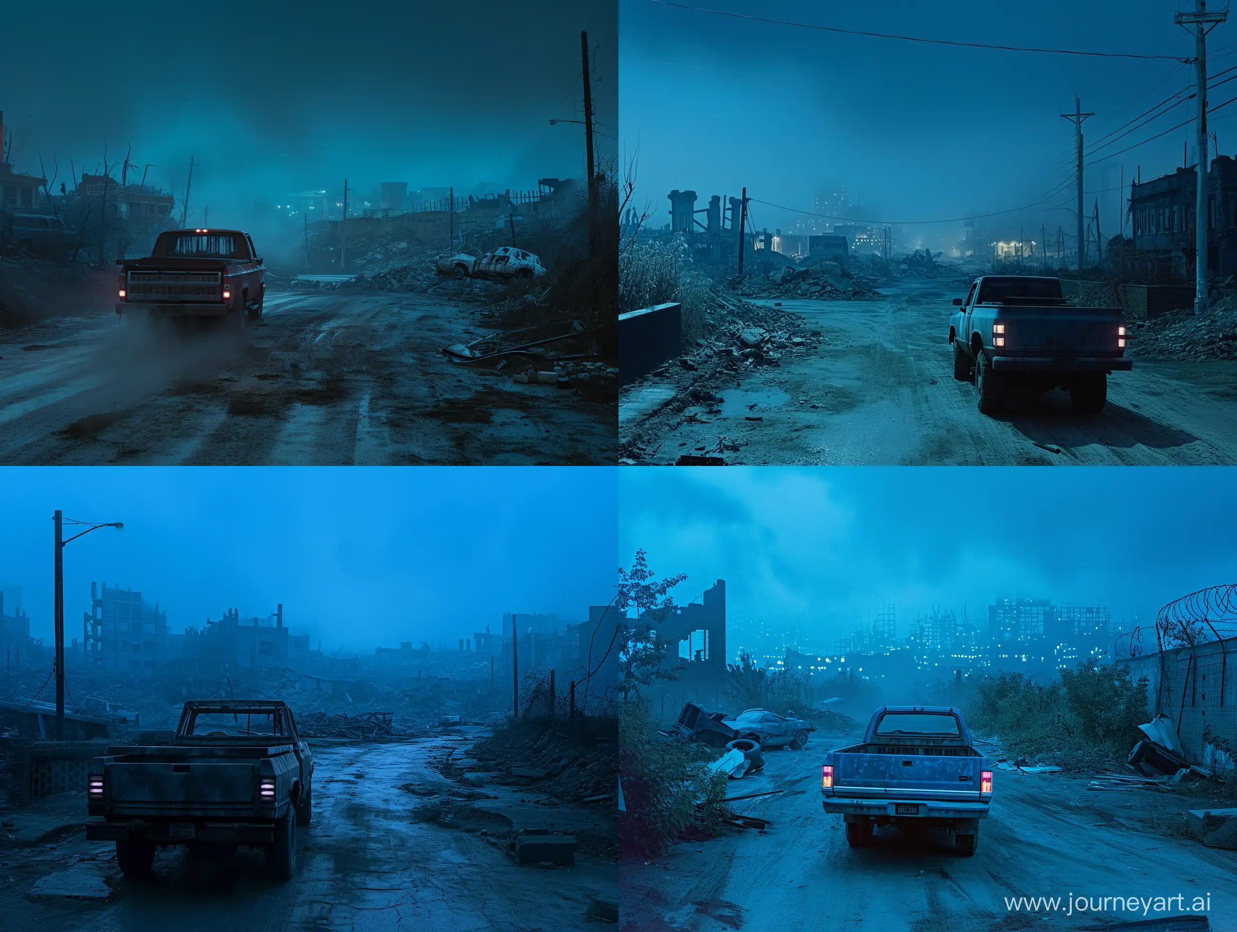 cinematic, movie shot, apocaliptic environment, a truck driving down a dirty street at night, inspired by Gregory Crewdson,  conceptual art, blue fog, still from riverdale,  ruined city in the background