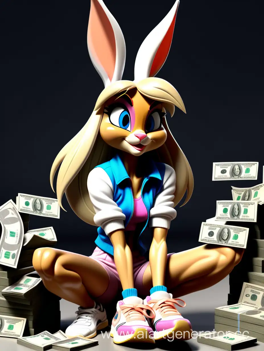  lola bunny in fashionable clothes with dollars in sneakers, Nike is sitting on the floor